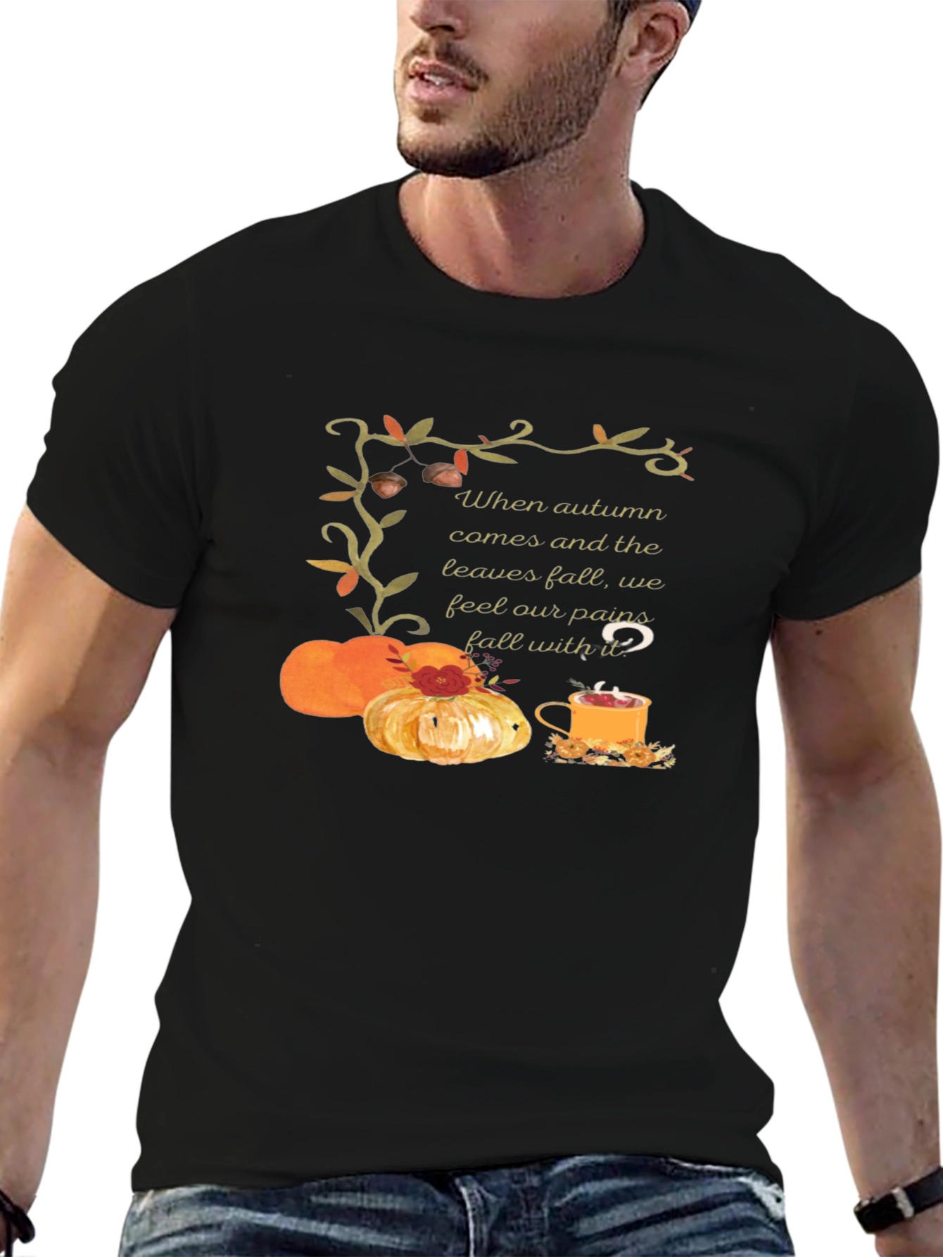 Autumn Comfort T-Shirt: Pumpkins Tea and Cozy Vibes