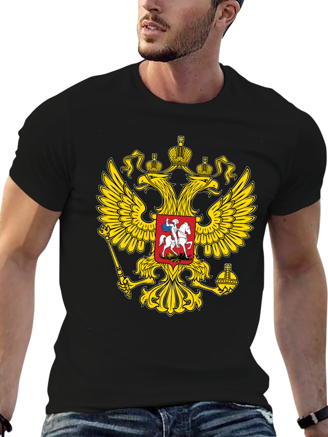 Black T-Shirt with Russian Coat of Arms