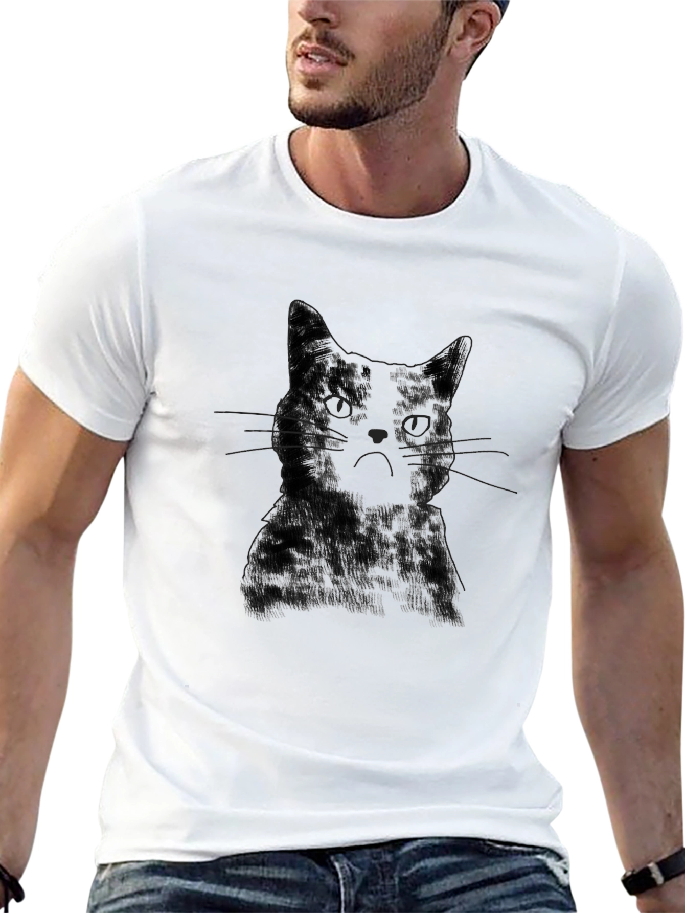Mens Black Cat Portrait Graphic T-Shirt