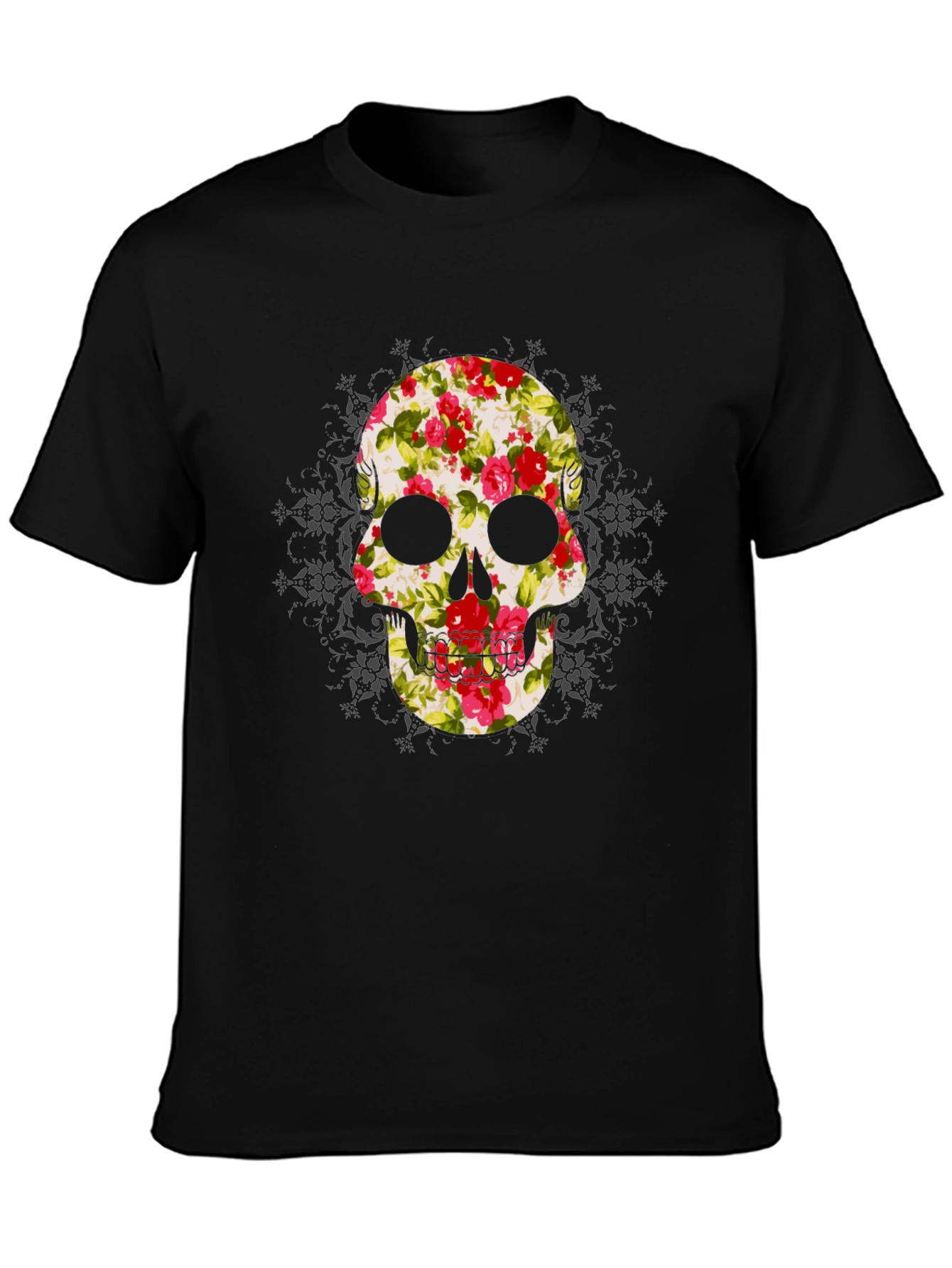 Floral Skull Graphic Tee - Mens Black T-Shirt
