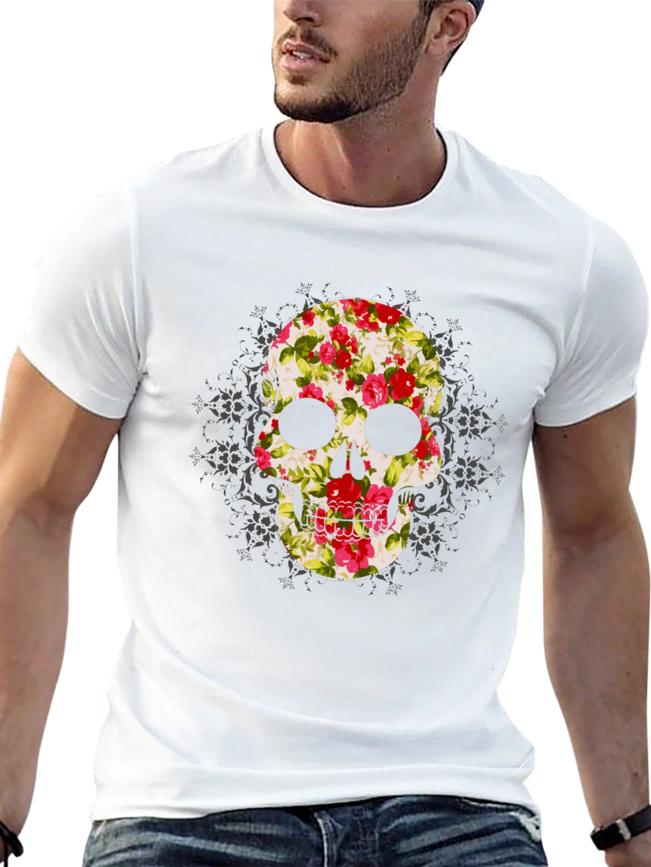 Floral Skull Graphic Tee - Mens Black T-Shirt