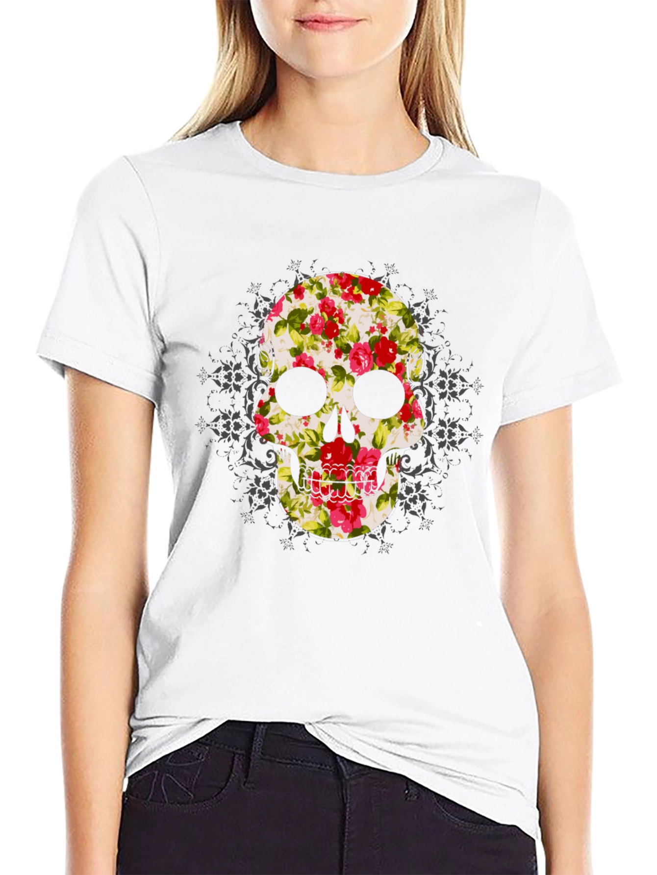 Floral Skull Graphic Tee - Mens Black T-Shirt