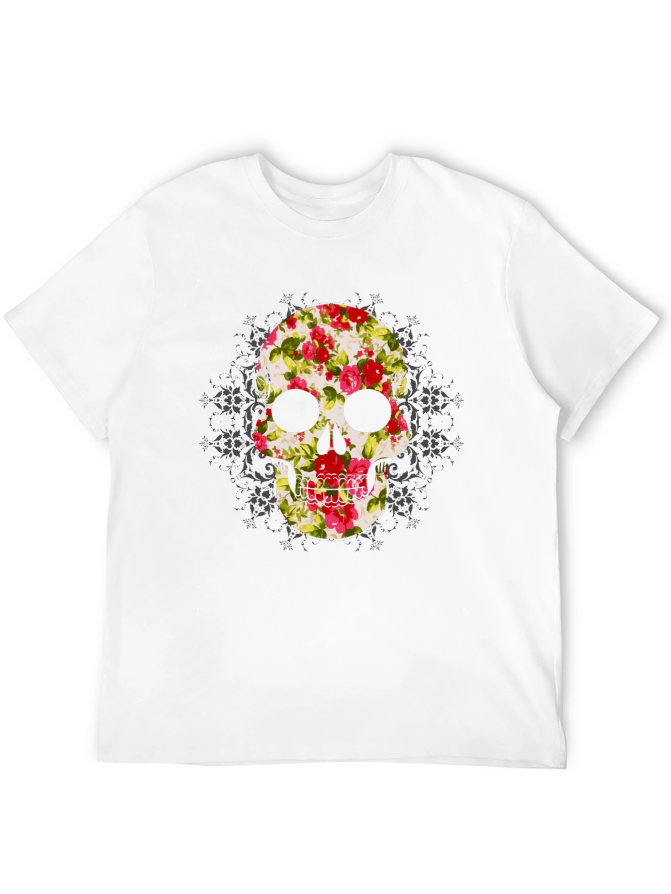 Floral Skull Graphic Tee - Mens Black T-Shirt