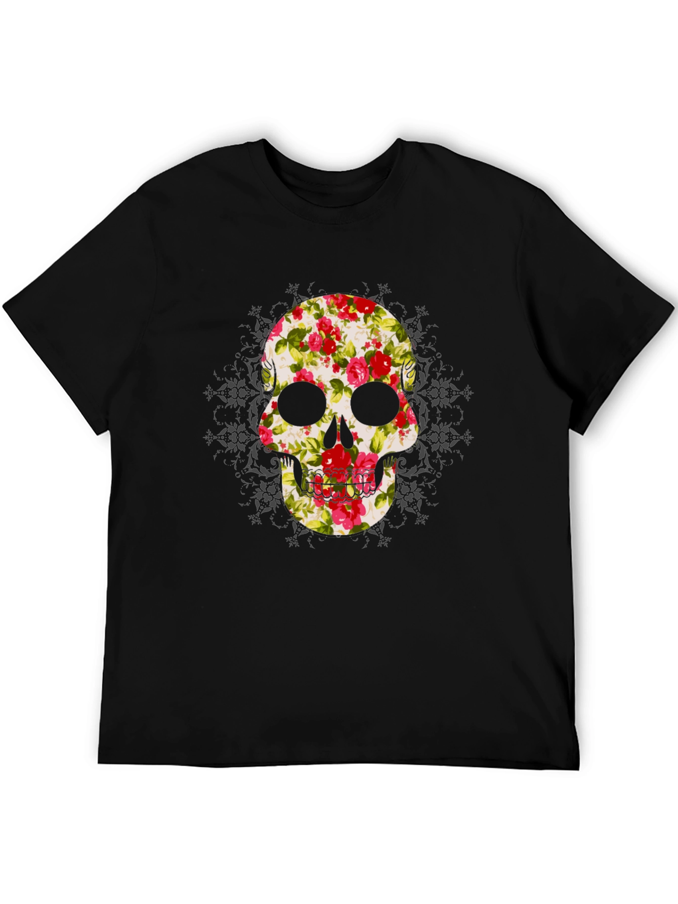 Floral Skull Graphic Tee - Mens Black T-Shirt