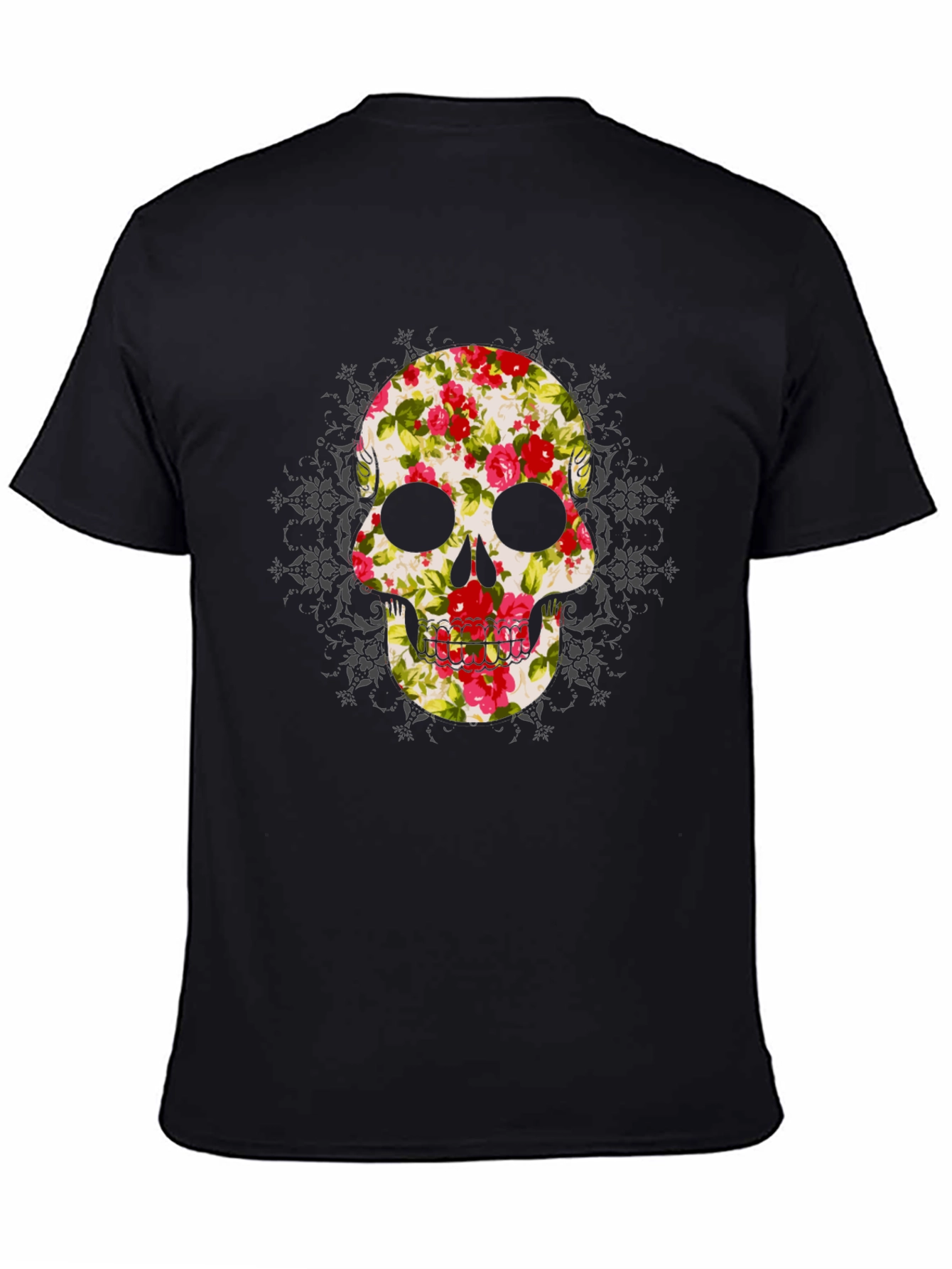 Floral Skull Graphic Tee - Mens Black T-Shirt