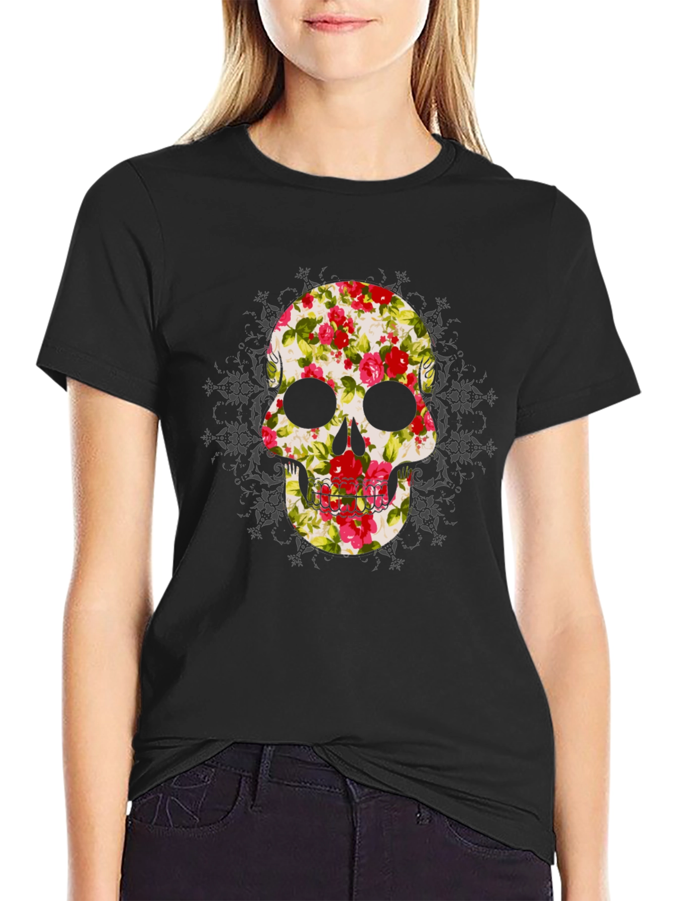 Floral Skull Graphic Tee - Mens Black T-Shirt