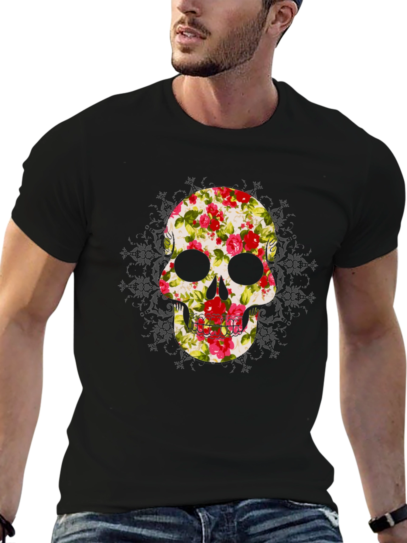 Floral Skull Graphic Tee - Mens Black T-Shirt