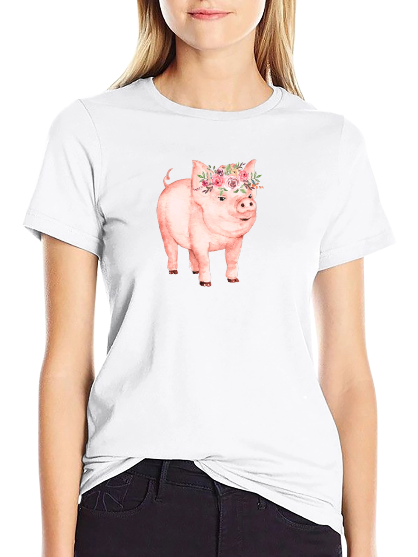 Pig with Floral Crown Graphic Tee