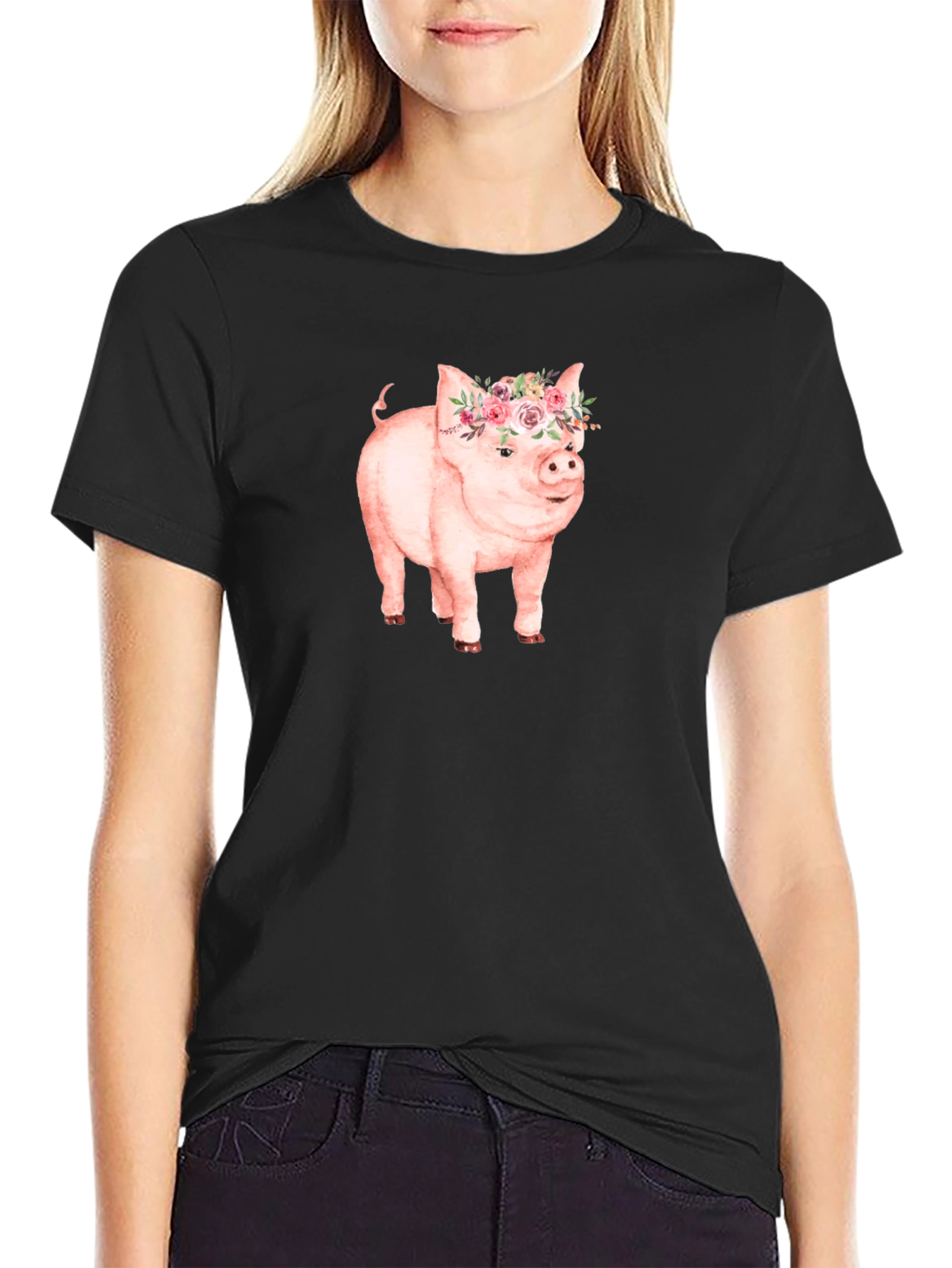Pig with Floral Crown Graphic Tee