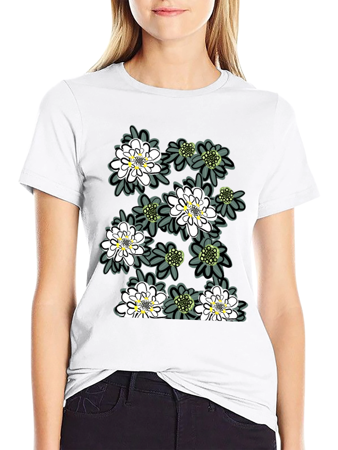 Floral Print Tee - Trendy Black Cotton T-Shirt