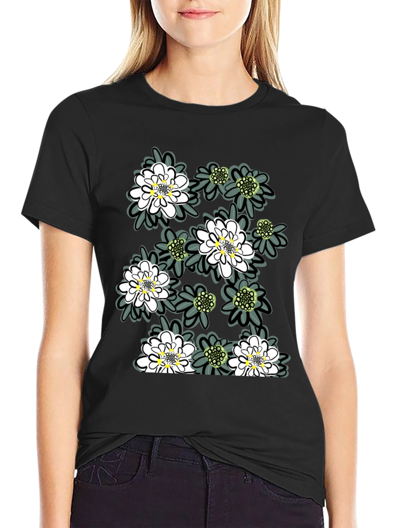 Floral Print Tee - Trendy Black Cotton T-Shirt