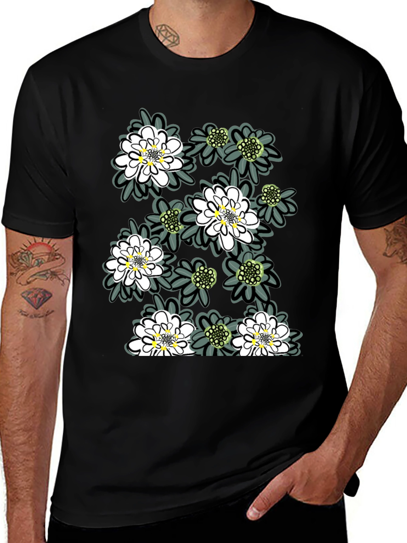 Floral Print Tee - Trendy Black Cotton T-Shirt