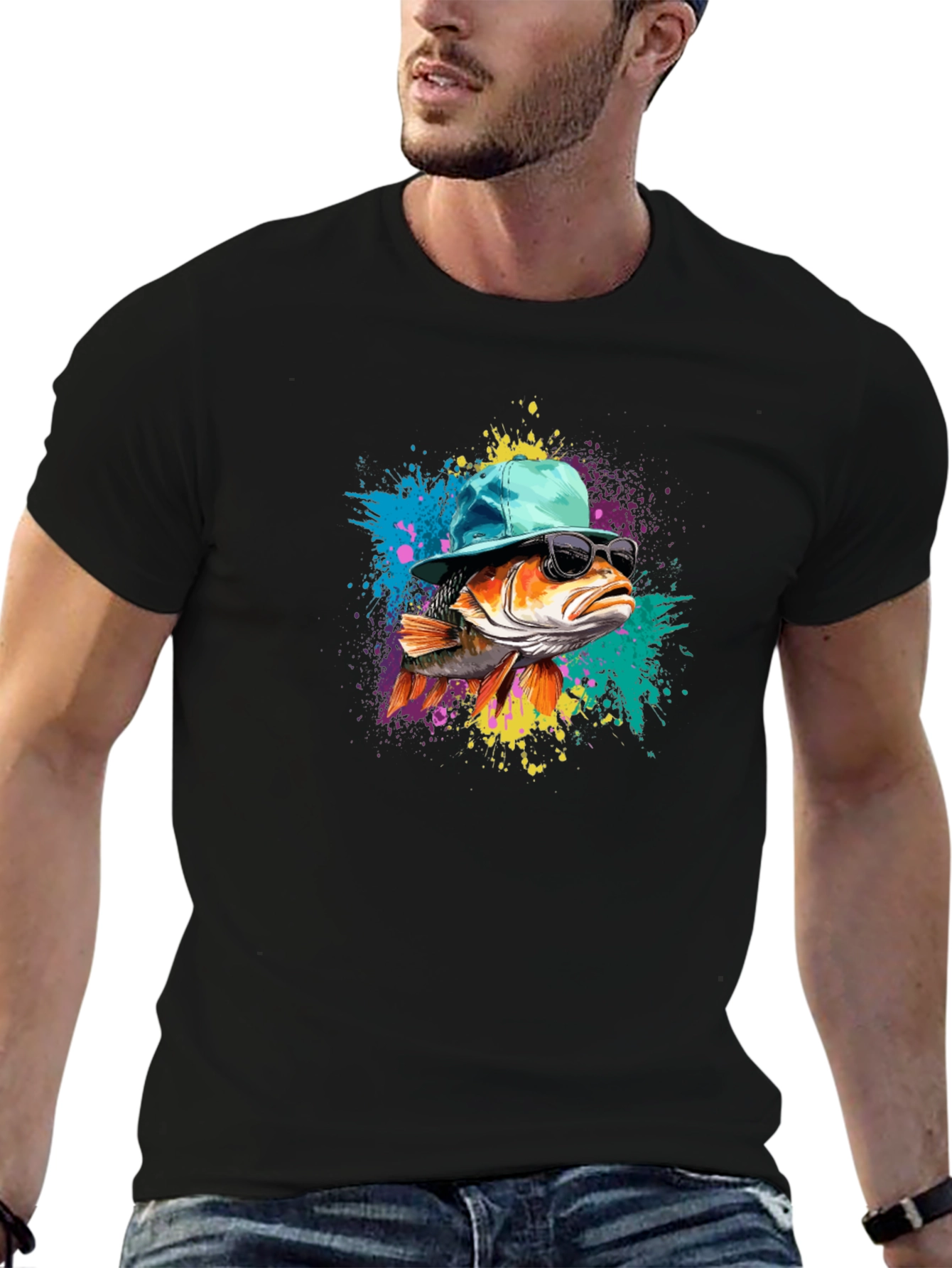 Cool Fish Graphic Tee - Black Cotton Blend T-Shirt