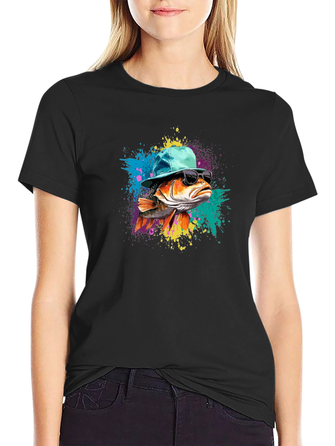 Cool Fish Graphic Tee - Black Cotton Blend T-Shirt