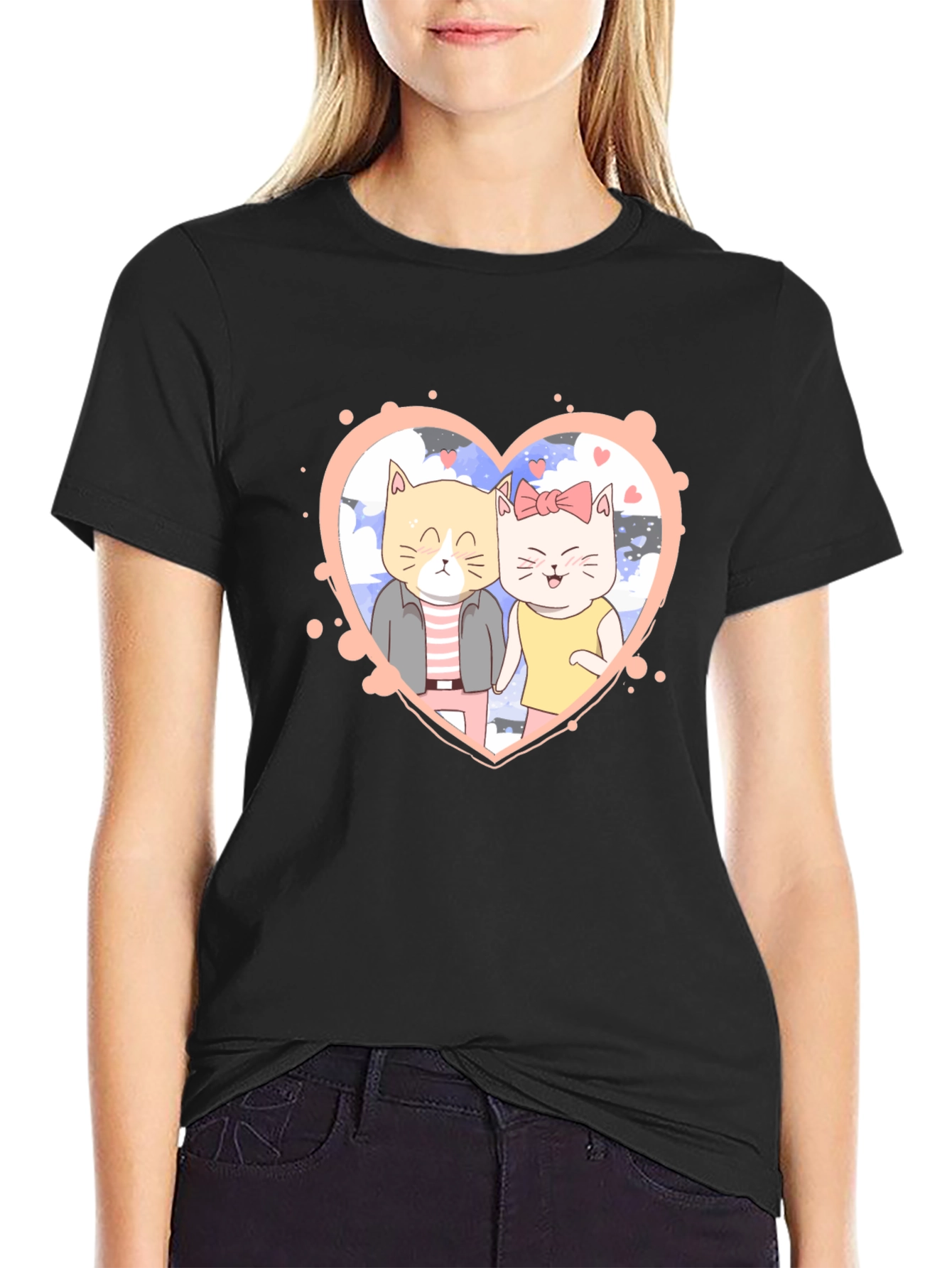 Cute Cartoon Cat Couple Black T-Shirt