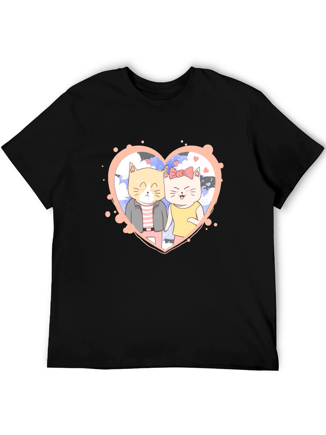 Cute Cartoon Cat Couple Black T-Shirt