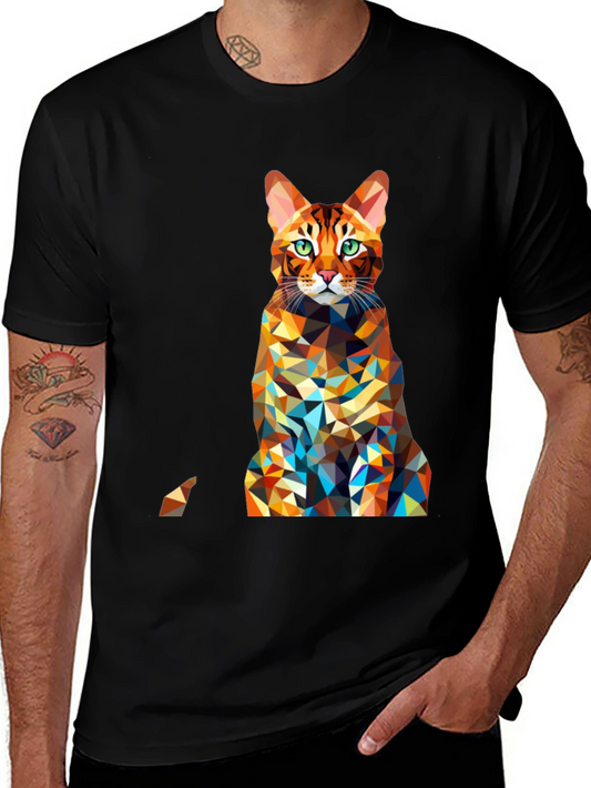Geometric Cat Print Black Tee