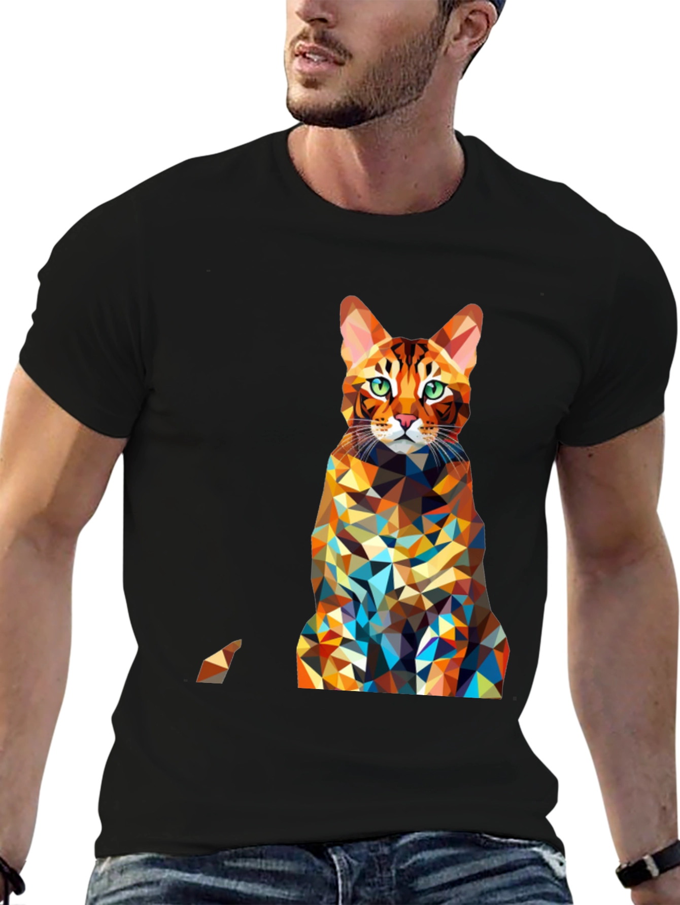 Geometric Cat Print Black Tee
