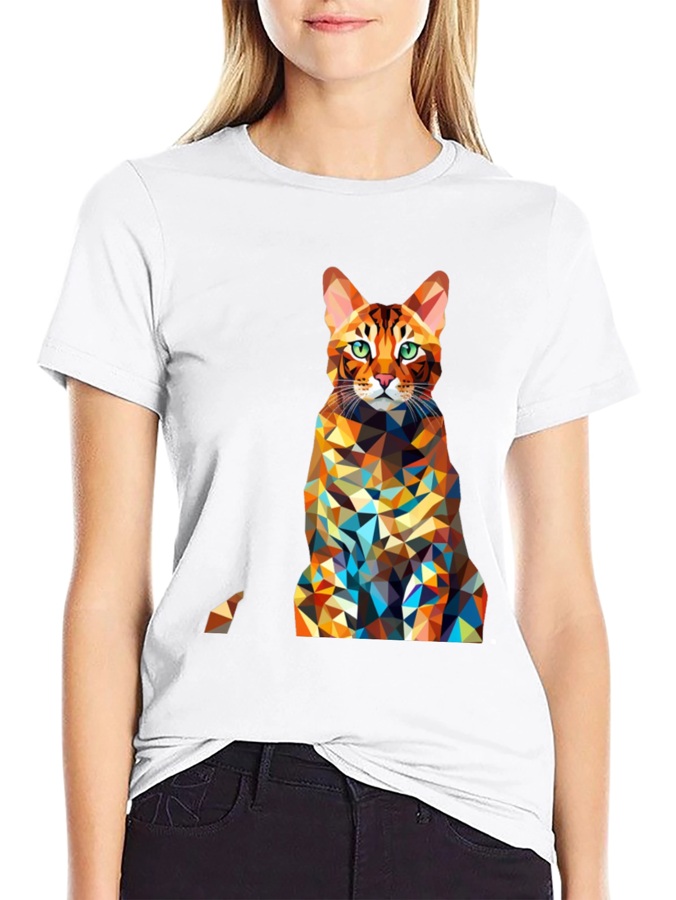 Geometric Cat Print Black Tee