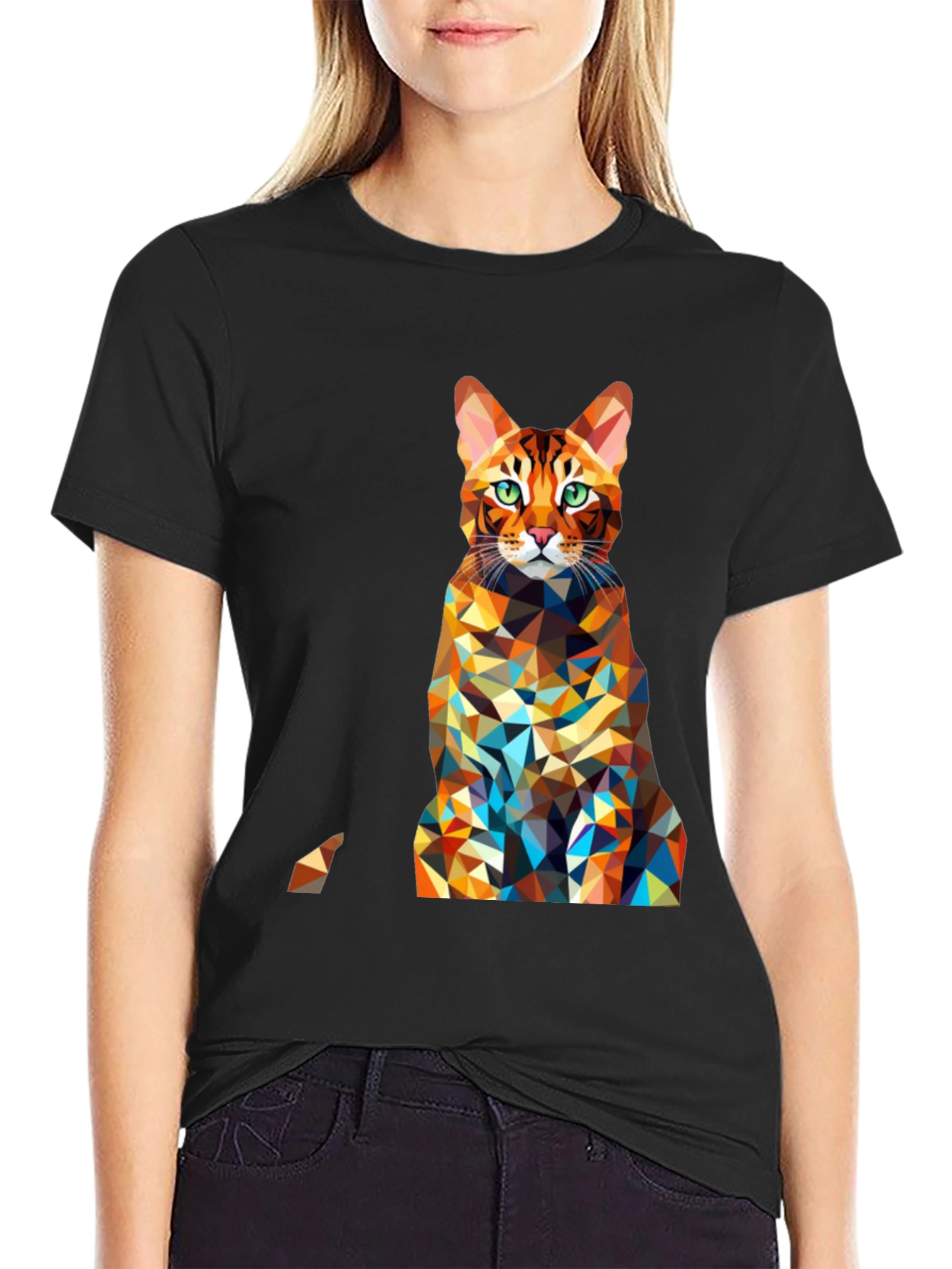Geometric Cat Print Black Tee