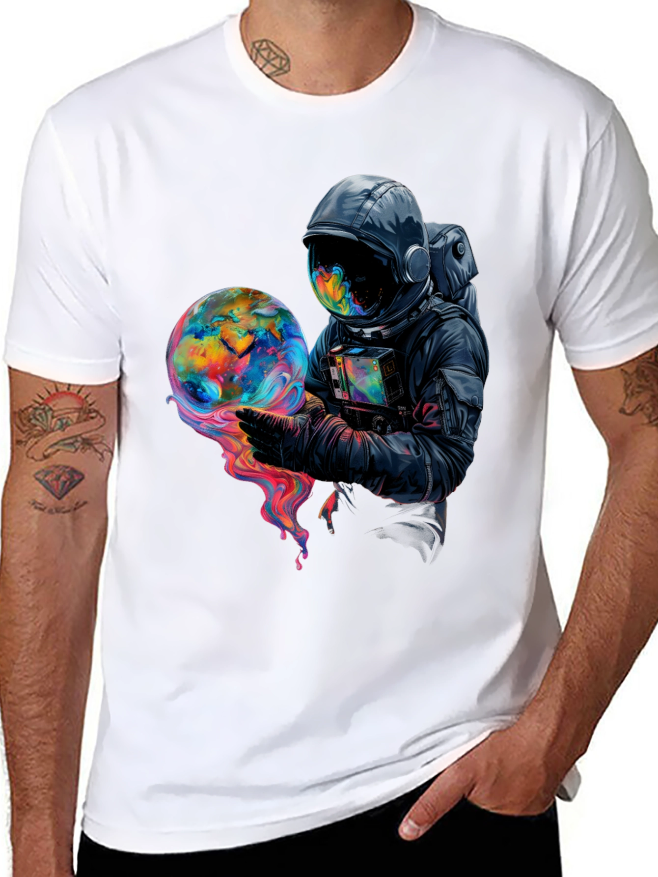 Astronaut Globe Graphic Tee - Black Cotton Comfort