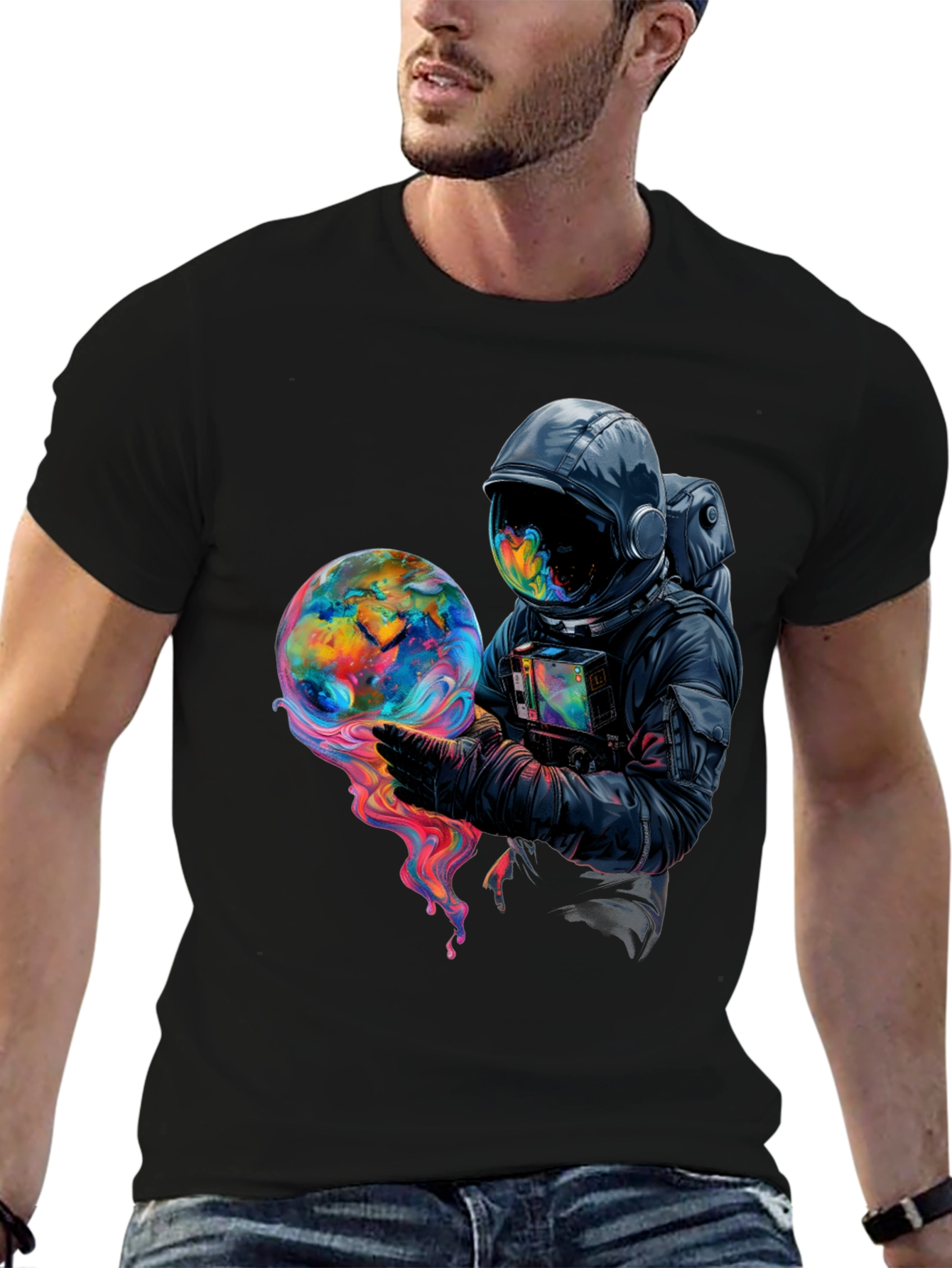Astronaut Globe Graphic Tee - Black Cotton Comfort