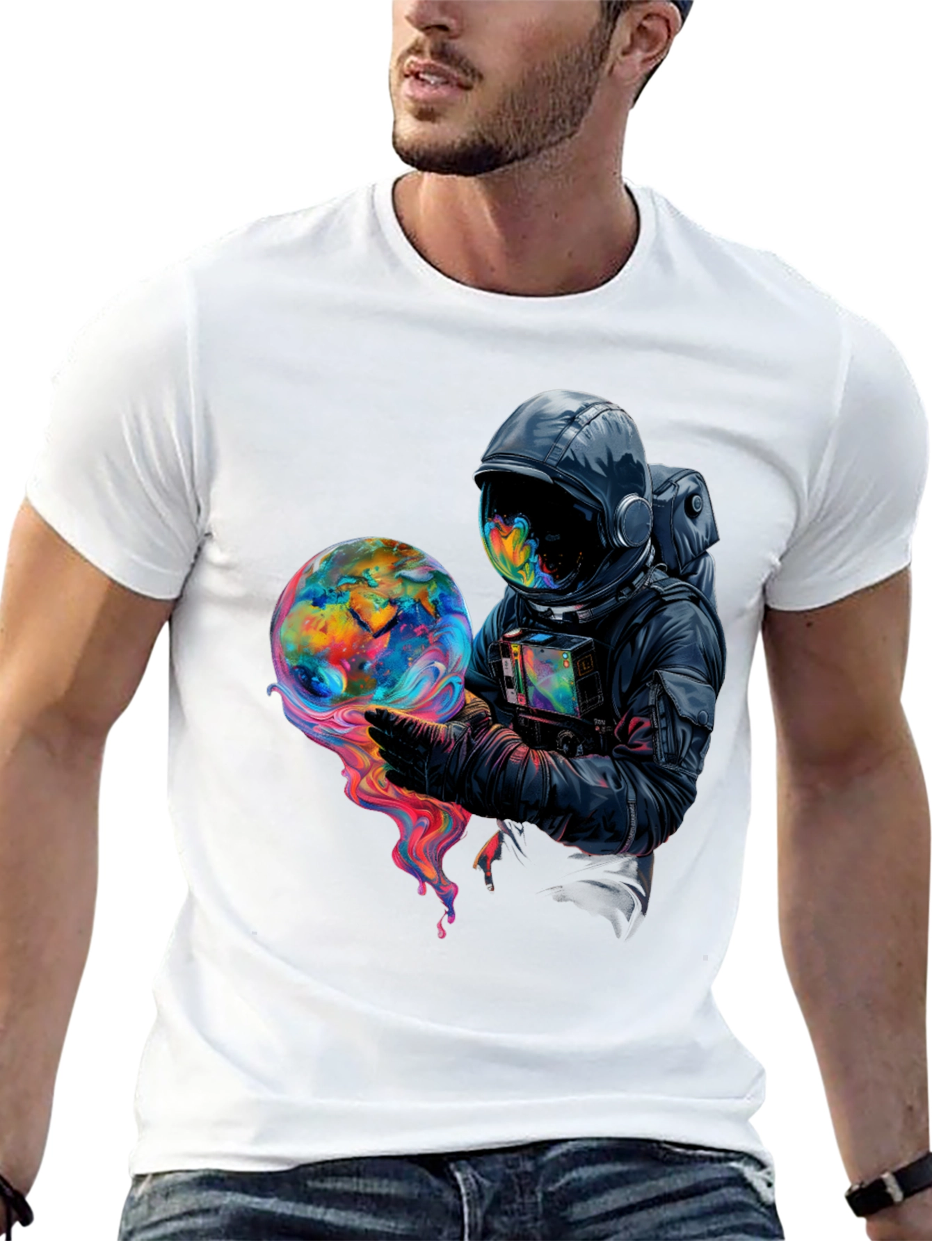 Astronaut Globe Graphic Tee - Black Cotton Comfort