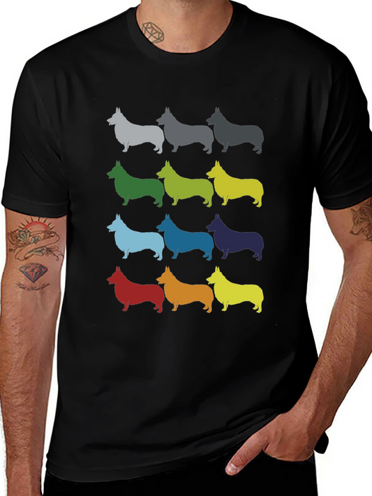 Colorful Corgi Pattern Black T-Shirt