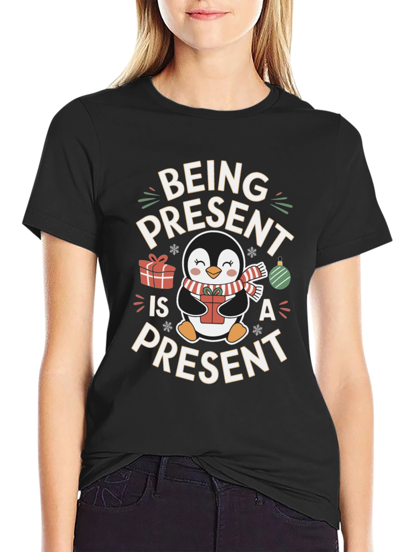 Being Present Penguin Christmas T-Shirt