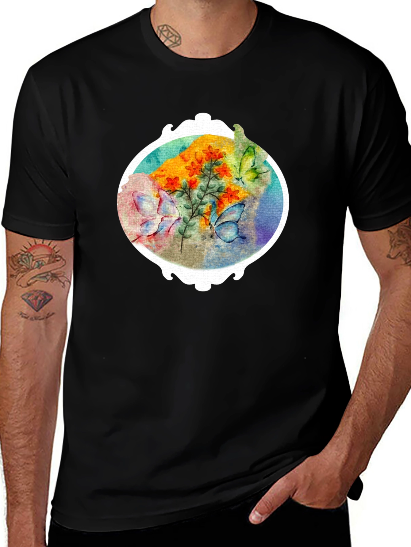 Floral Butterfly Graphic Tee - Stylish Mens T-Shirt