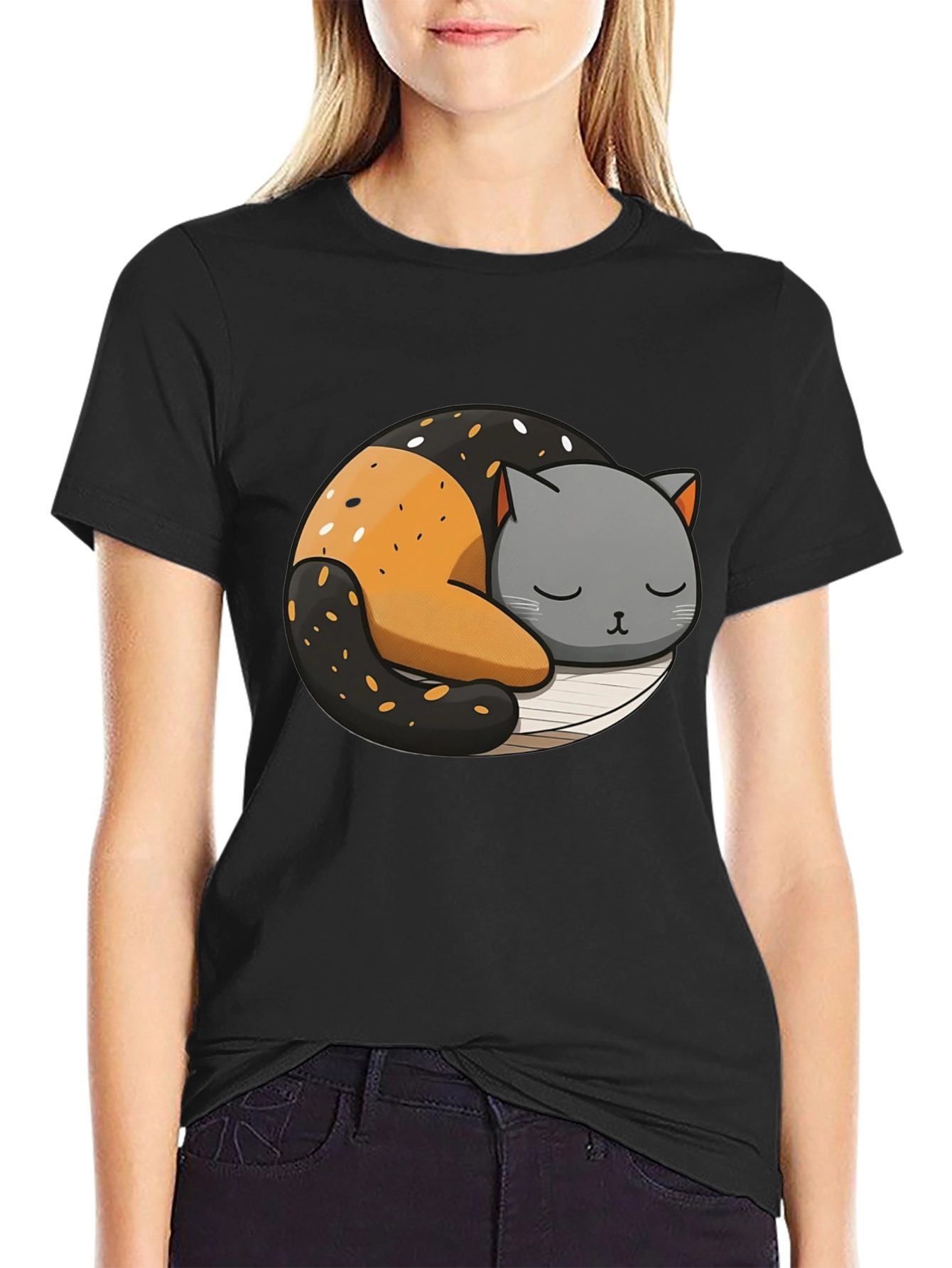 Cute Sleeping Cat Yin Yang Graphic Tee