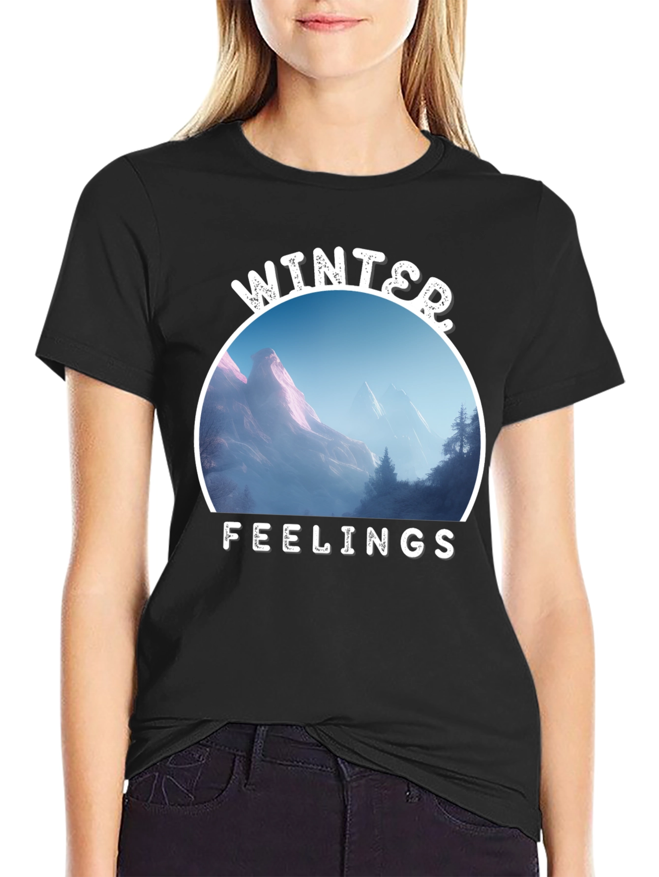 Winter Feelings Mountain Scene Black Tee