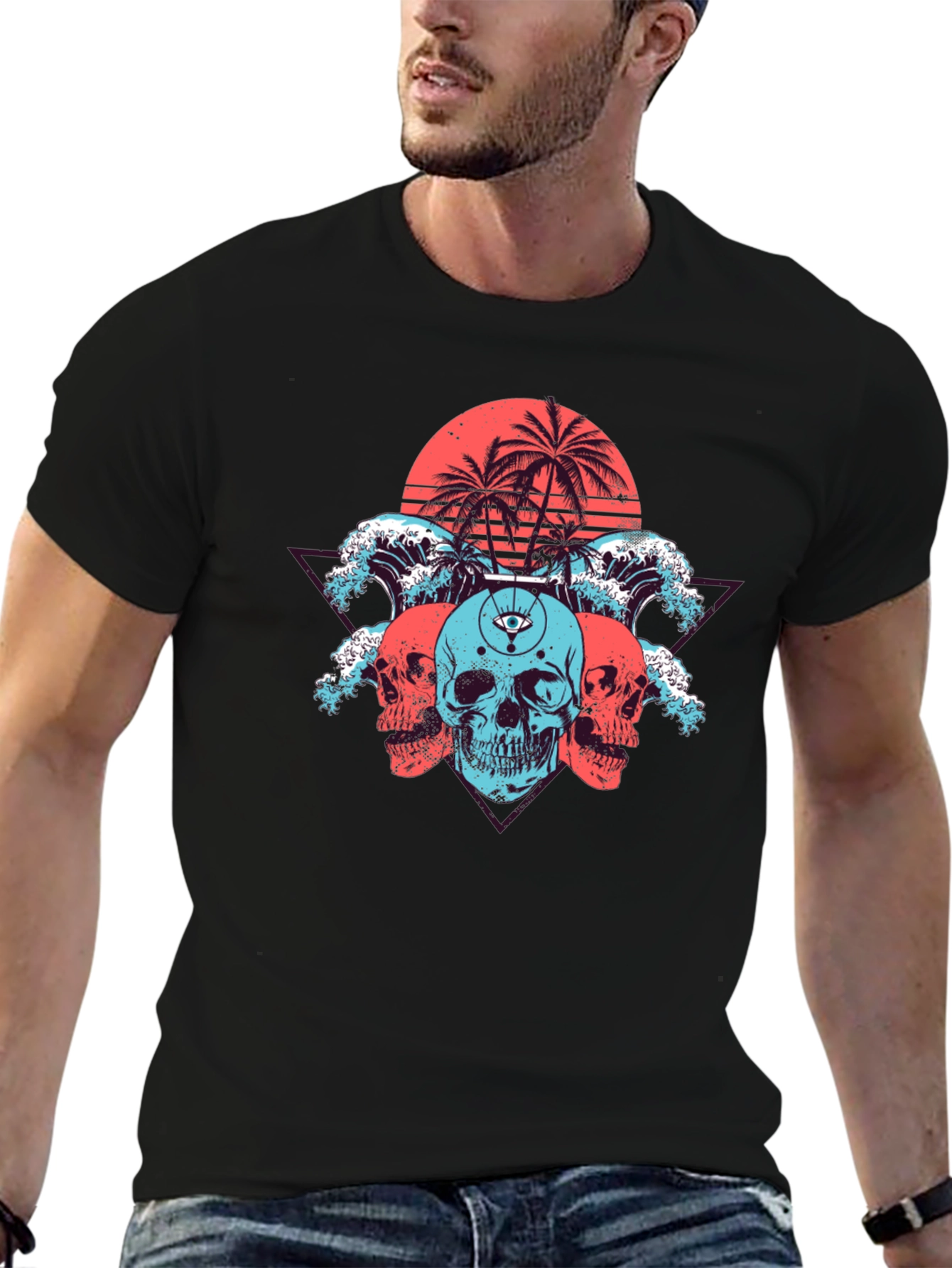 Skull Beach Graphic Tee - Black Cotton T-Shirt