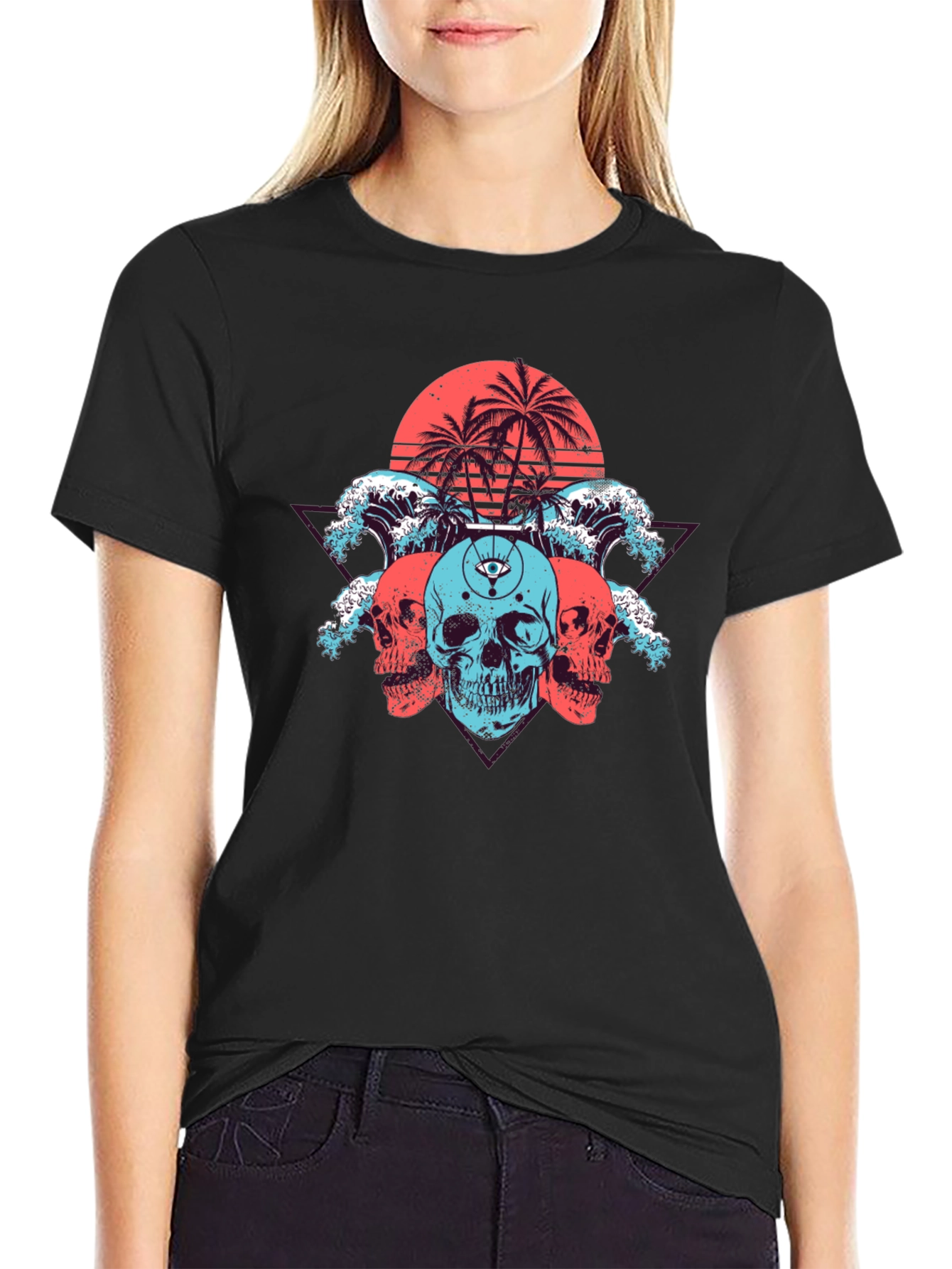 Skull Beach Graphic Tee - Black Cotton T-Shirt
