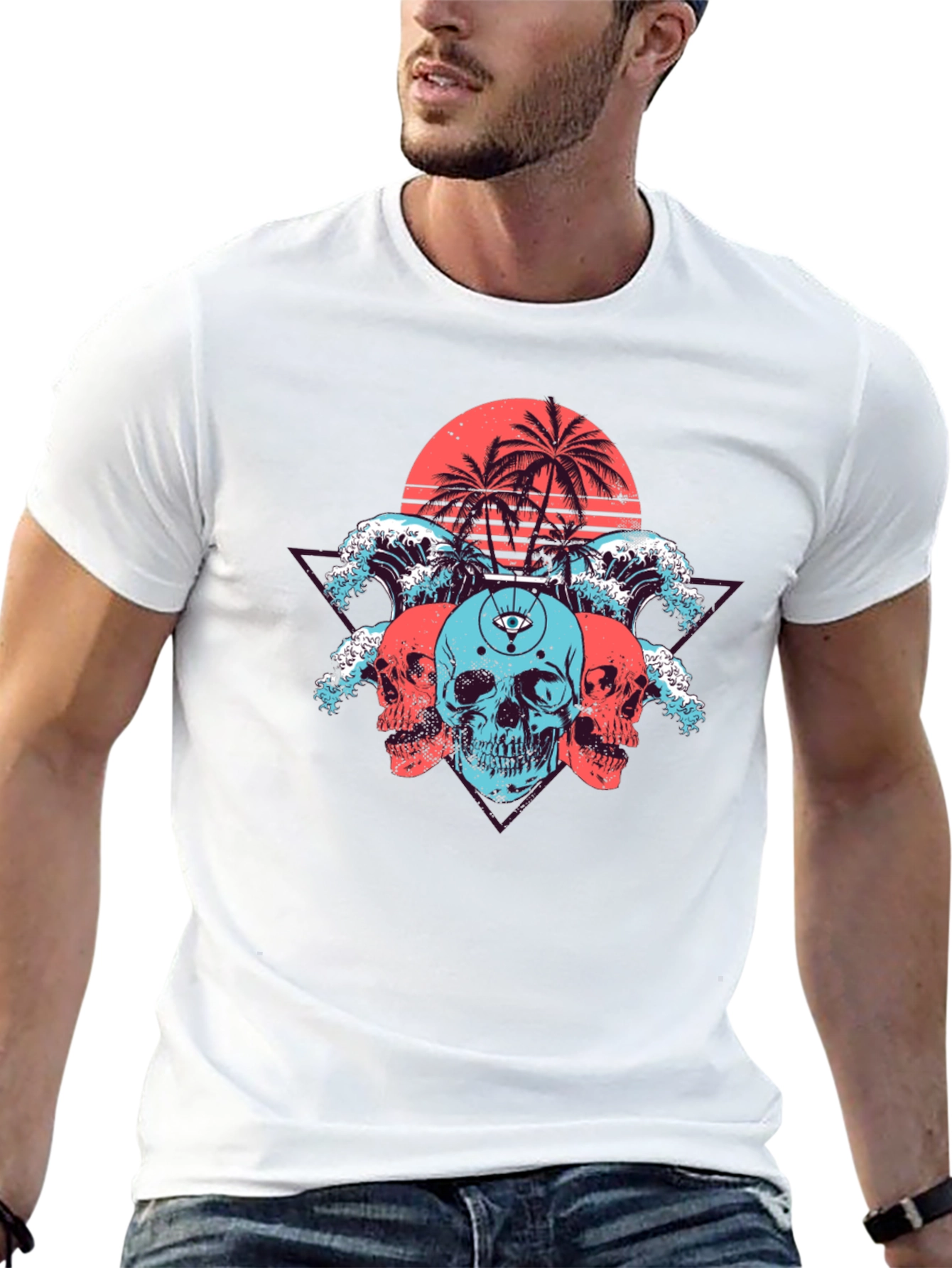 Skull Beach Graphic Tee - Black Cotton T-Shirt