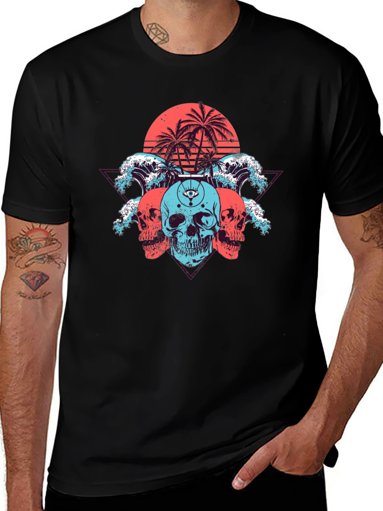 Skull Beach Graphic Tee - Black Cotton T-Shirt
