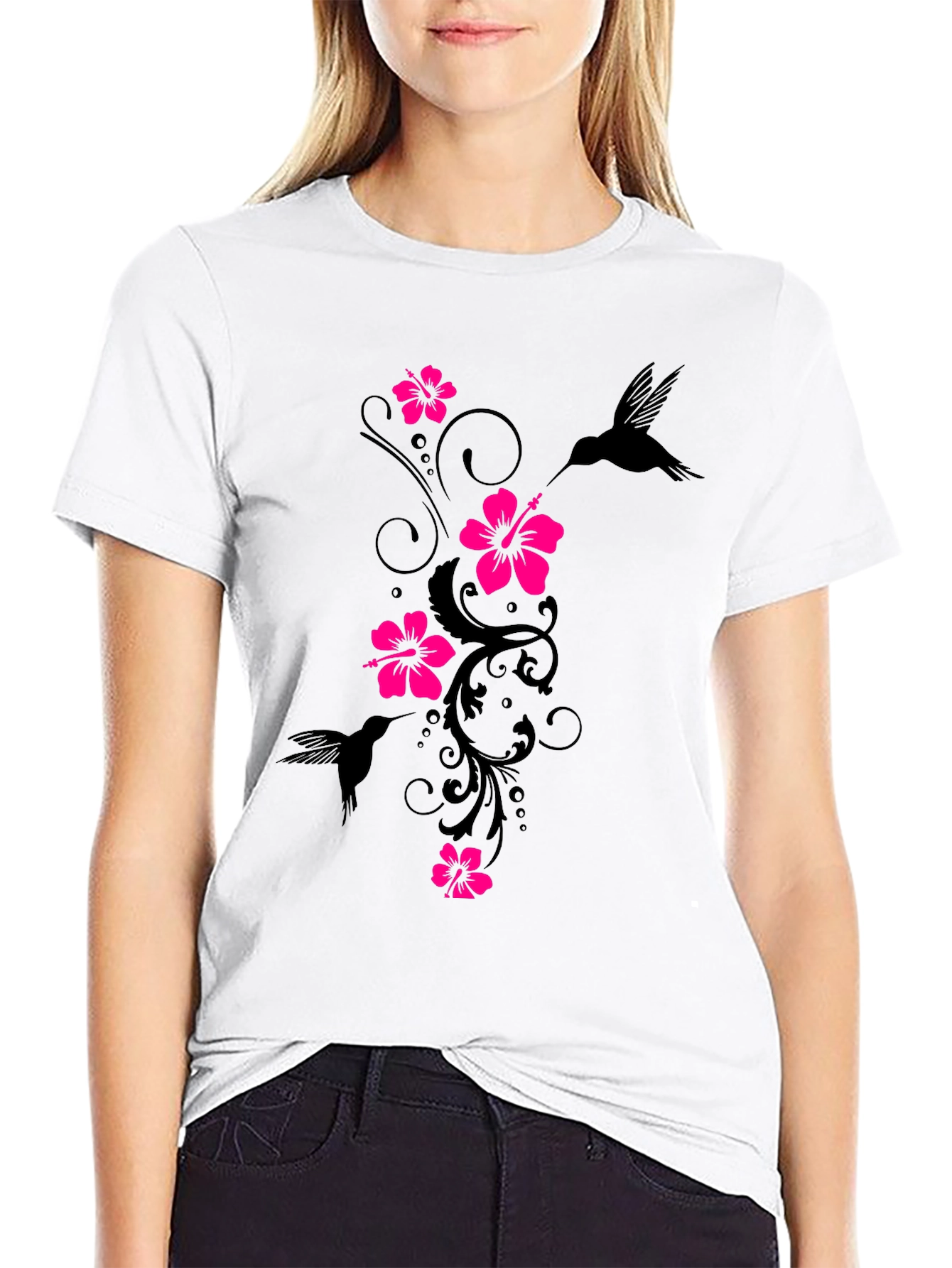 Black Floral Hummingbird Graphic Tee