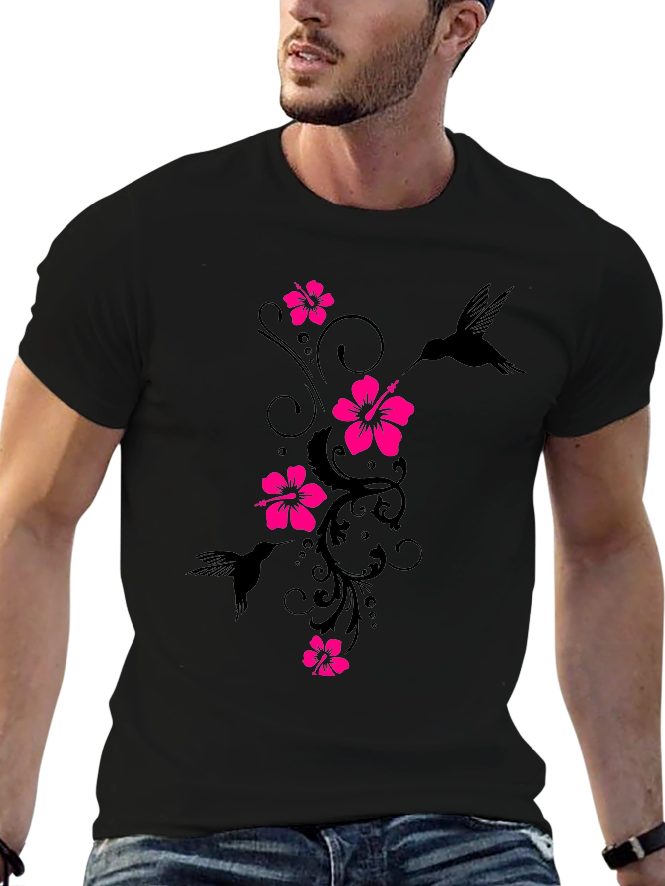 Black Floral Hummingbird Graphic Tee