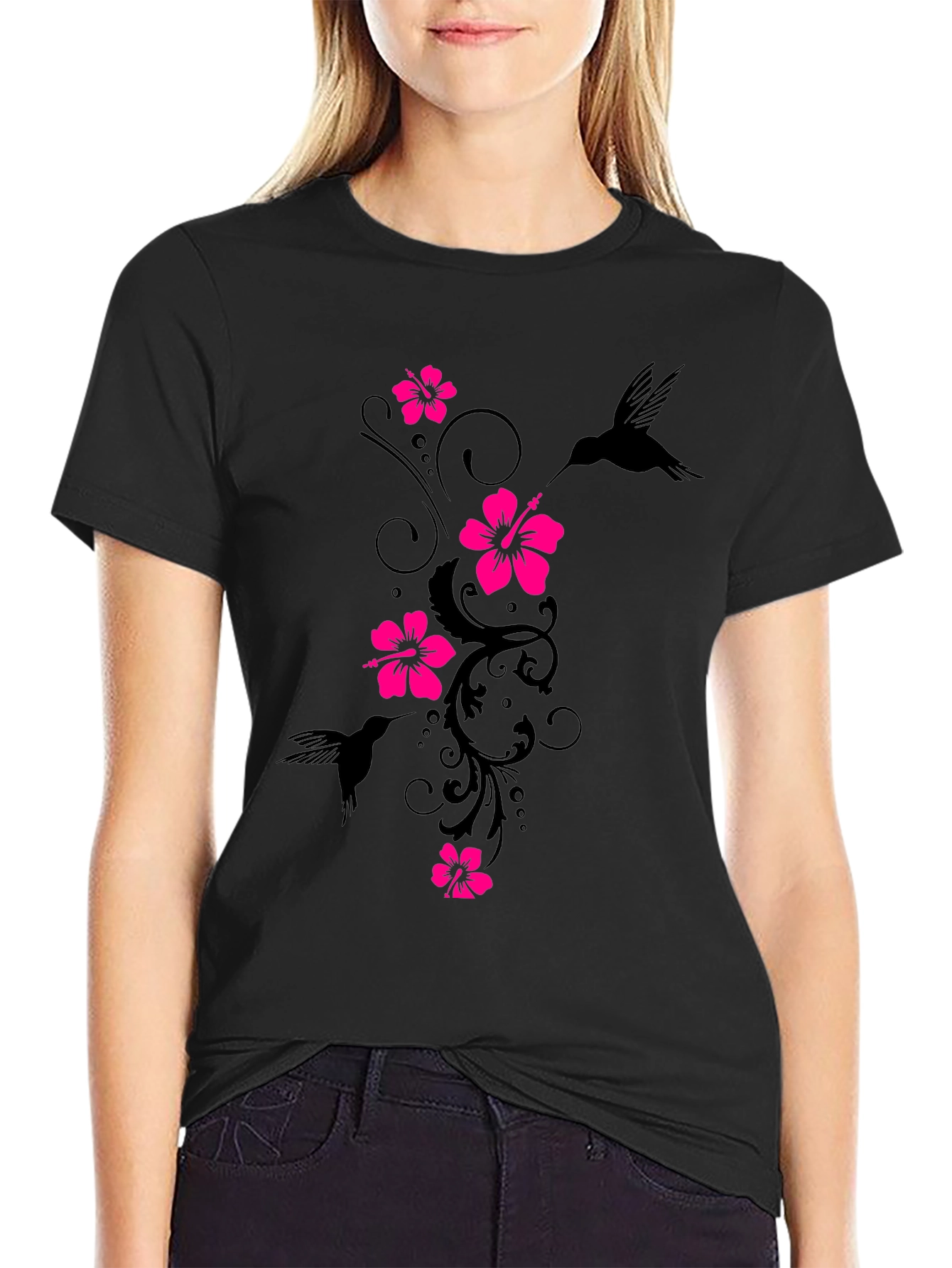 Black Floral Hummingbird Graphic Tee