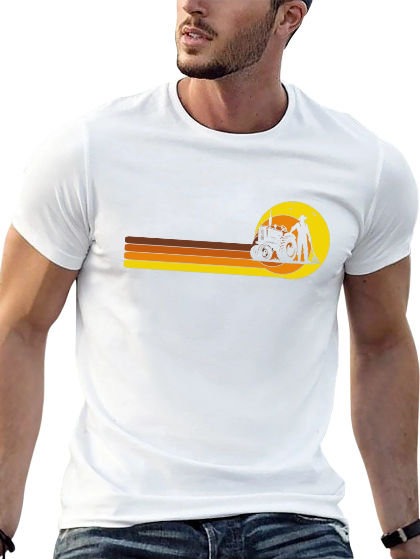 Retro Farmer T-Shirt: Tractor & Sunset Design
