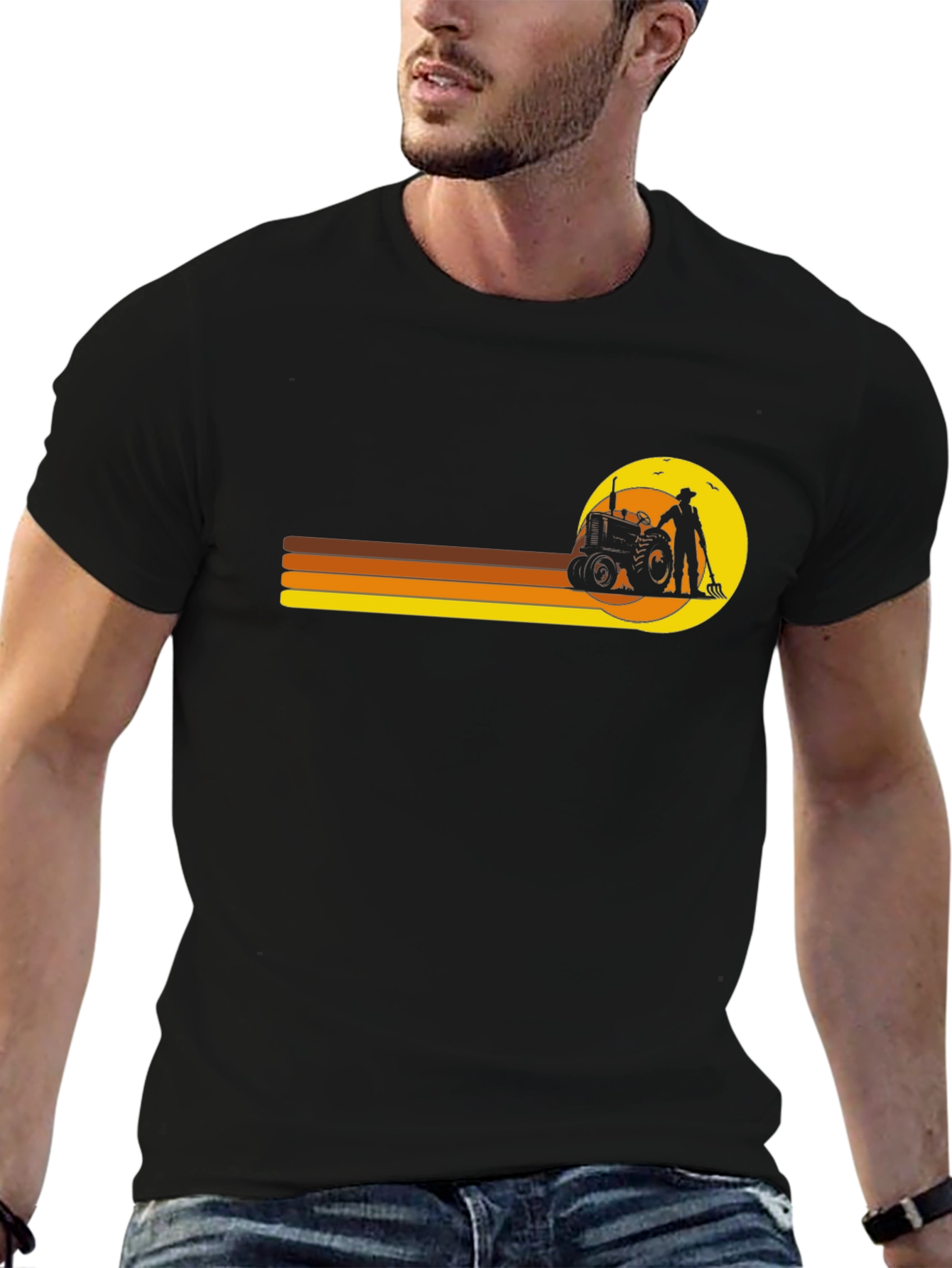 Retro Farmer T-Shirt: Tractor & Sunset Design
