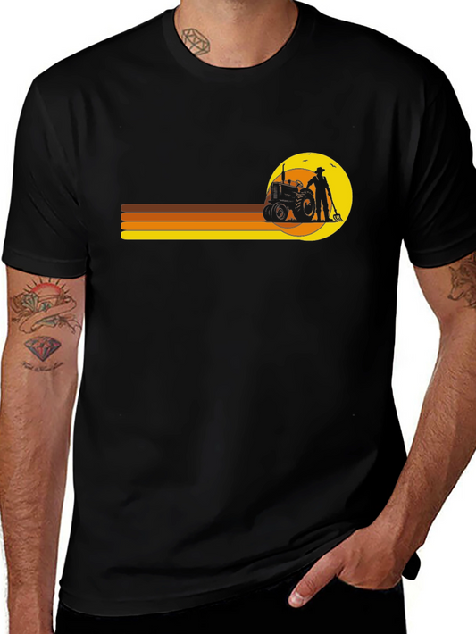 Retro Farmer T-Shirt: Tractor & Sunset Design