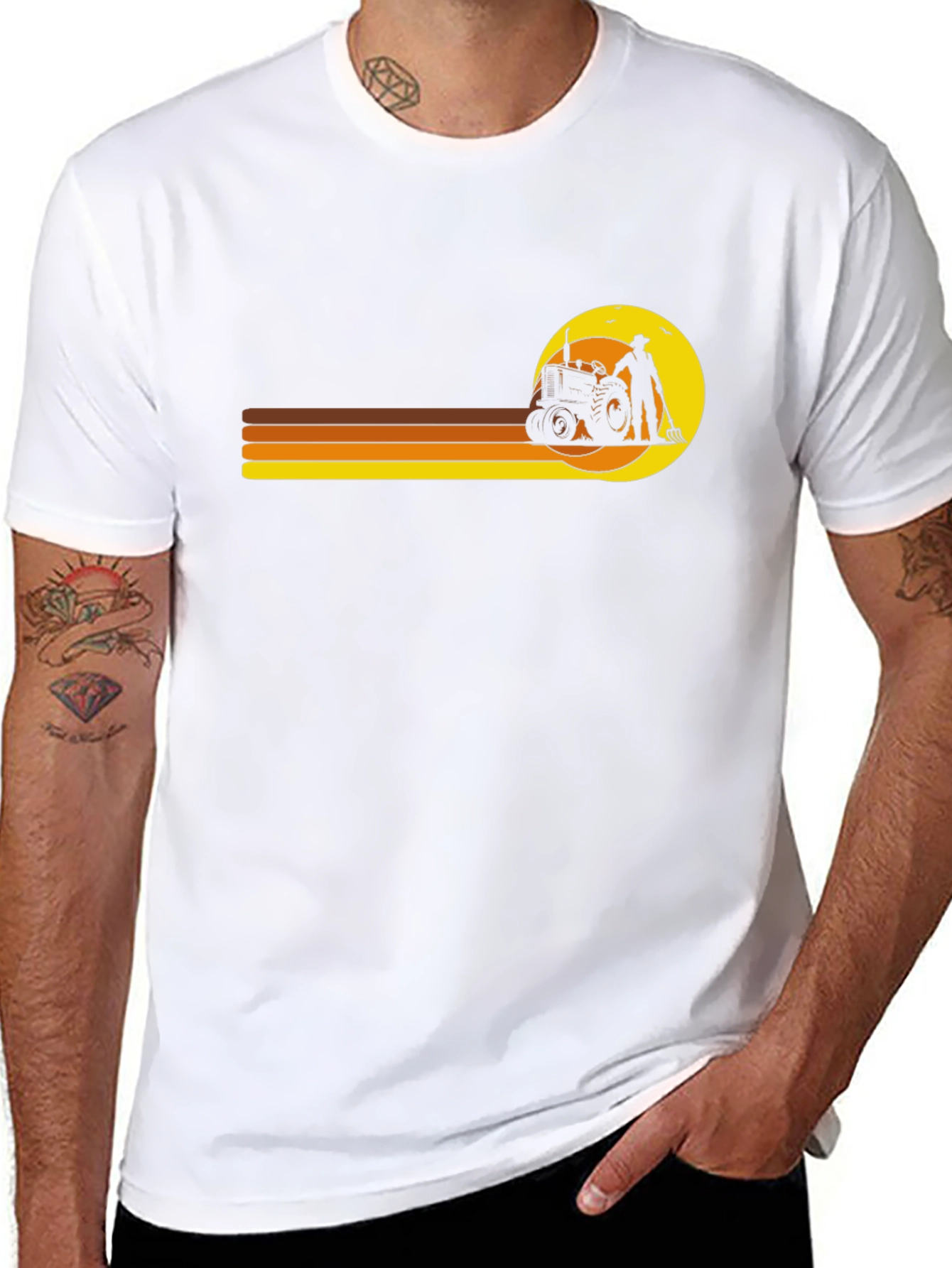 Retro Farmer T-Shirt: Tractor & Sunset Design