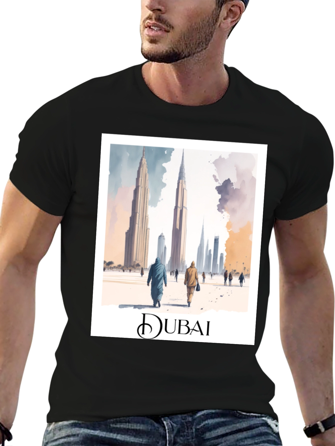 Dubai Skyline Graphic Tee - Black Cotton