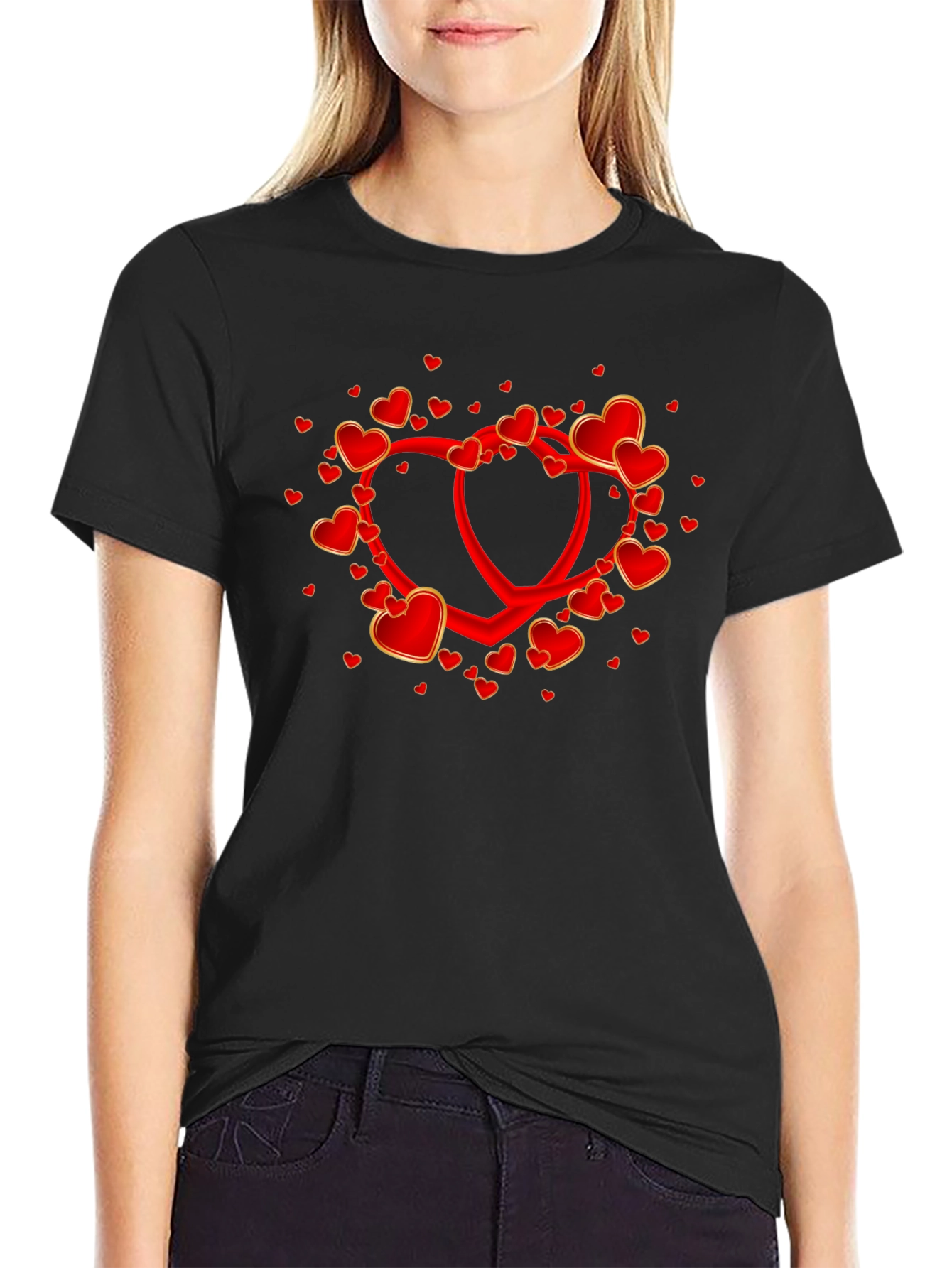 Heart Valentines Day Graphic Tee - Black Cotton Casual