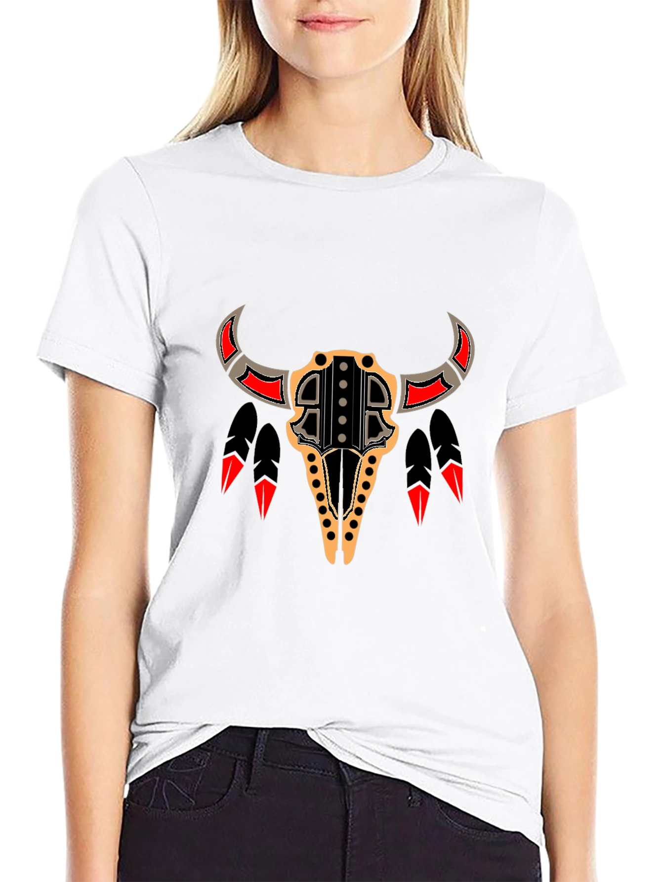 Tribal Bull Skull Graphic Tee - Black