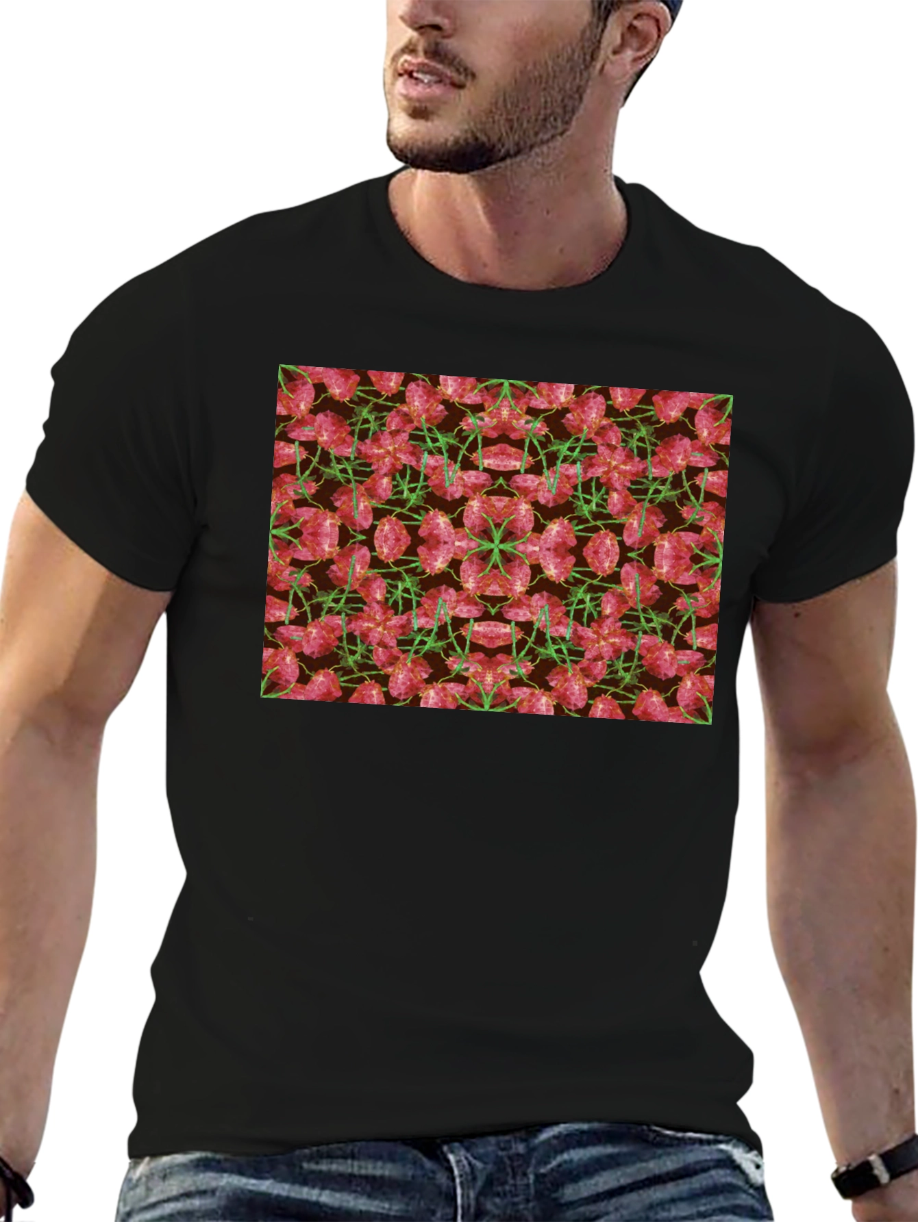 Floral Kaleidoscope Mens Black T-Shirt