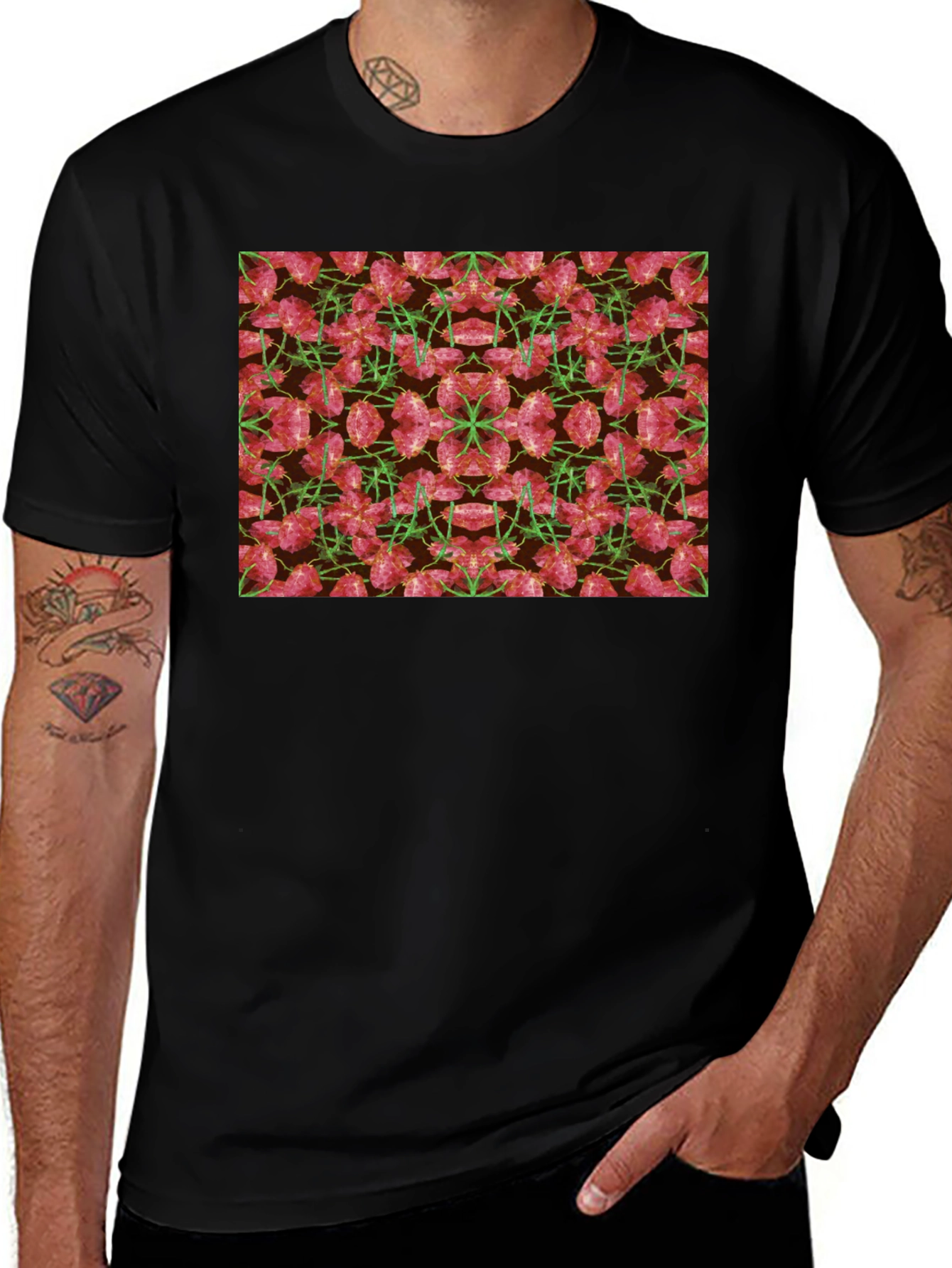 Floral Kaleidoscope Mens Black T-Shirt