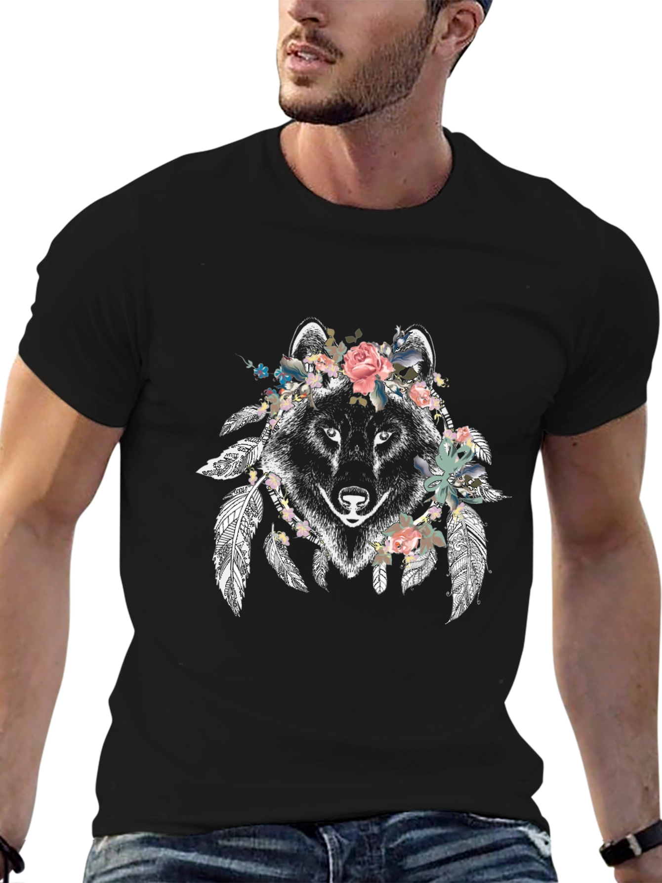 Floral Wolf Graphic Tee - Mens Black T-Shirt