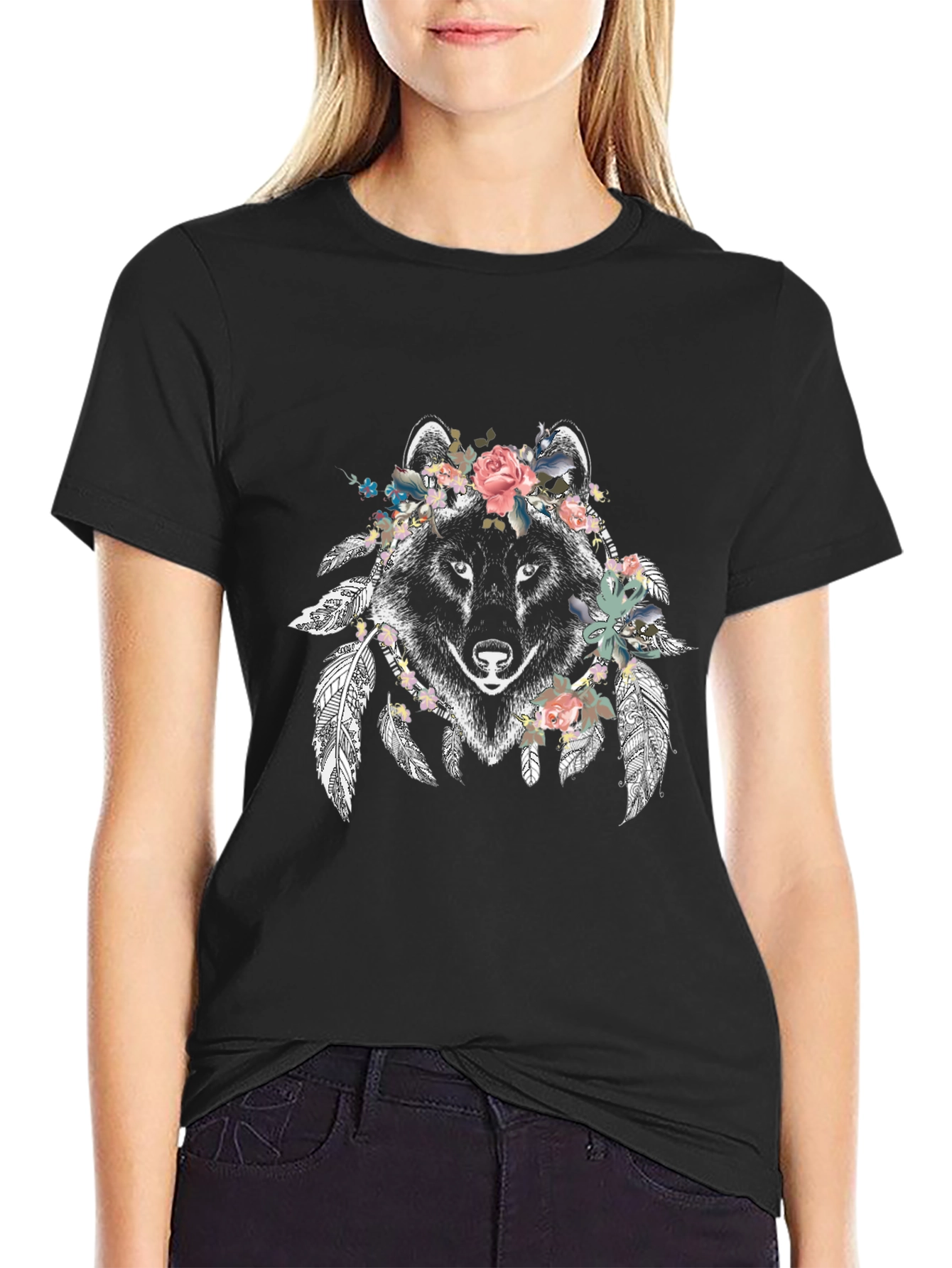 Floral Wolf Graphic Tee - Mens Black T-Shirt